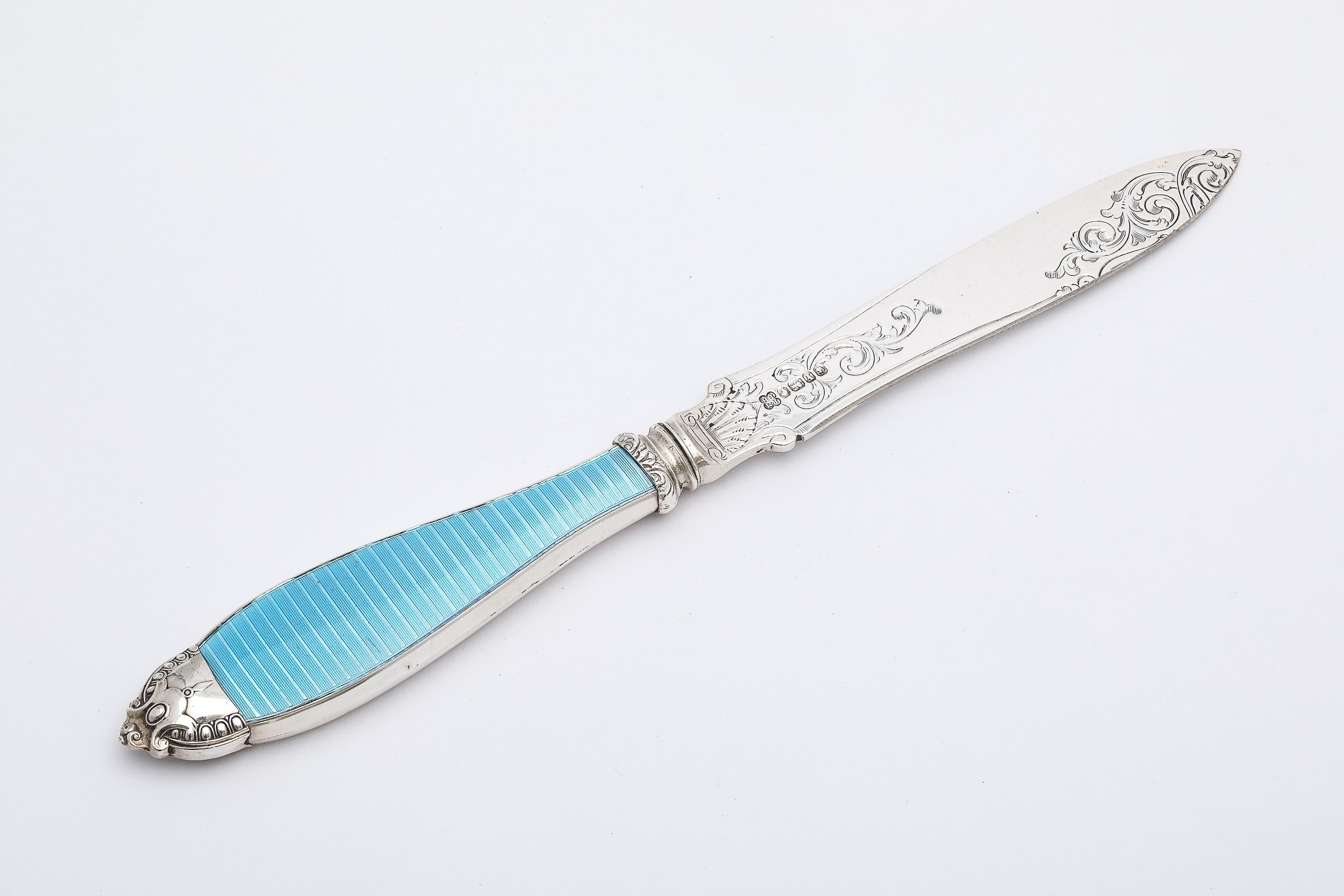 Viktorianischer Brieföffner aus Sterling Silber und türkisblauer Guilloche-Emaille (Englisch) im Angebot