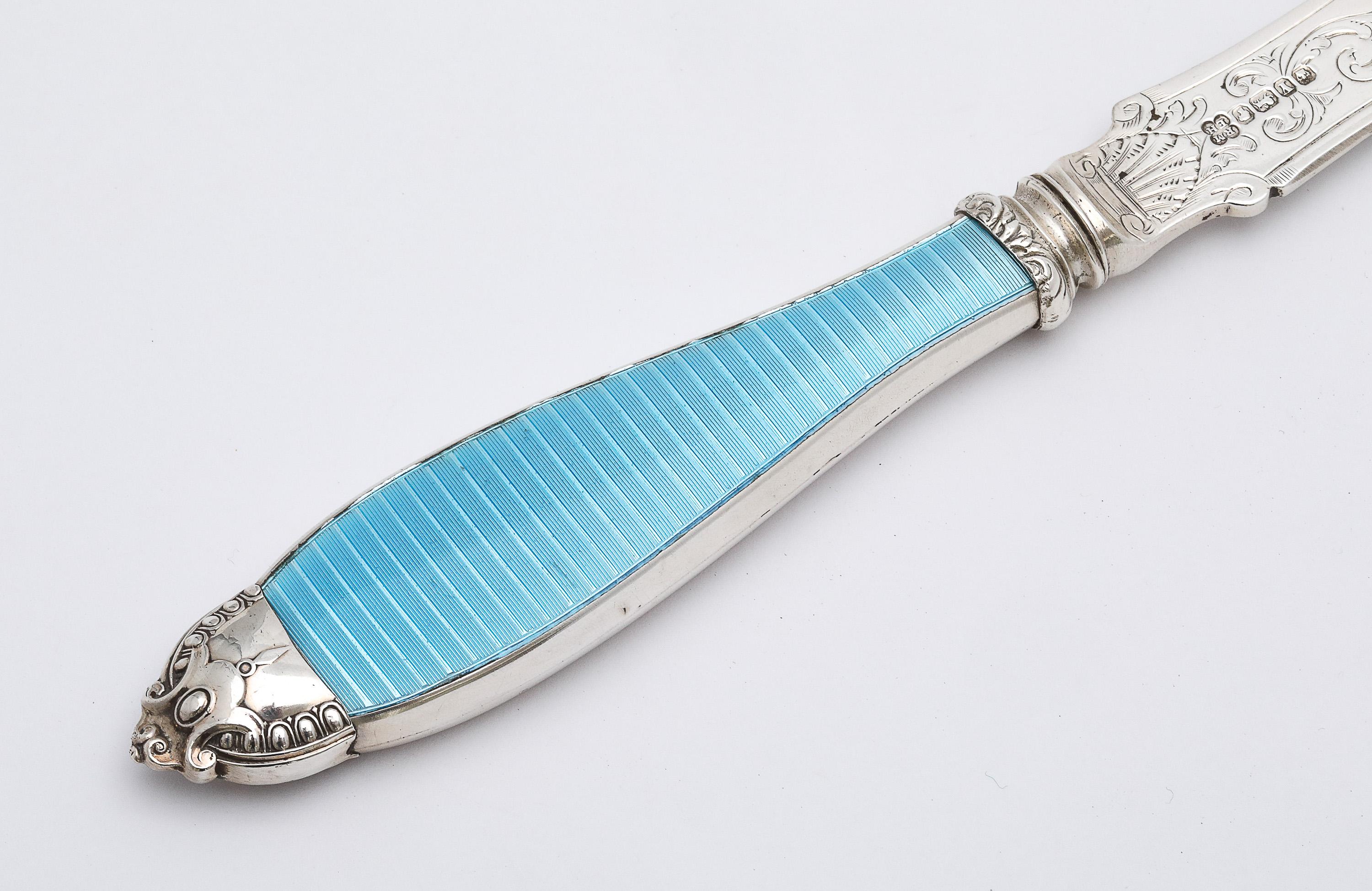 Viktorianischer Brieföffner aus Sterling Silber und türkisblauer Guilloche-Emaille im Zustand „Gut“ im Angebot in New York, NY