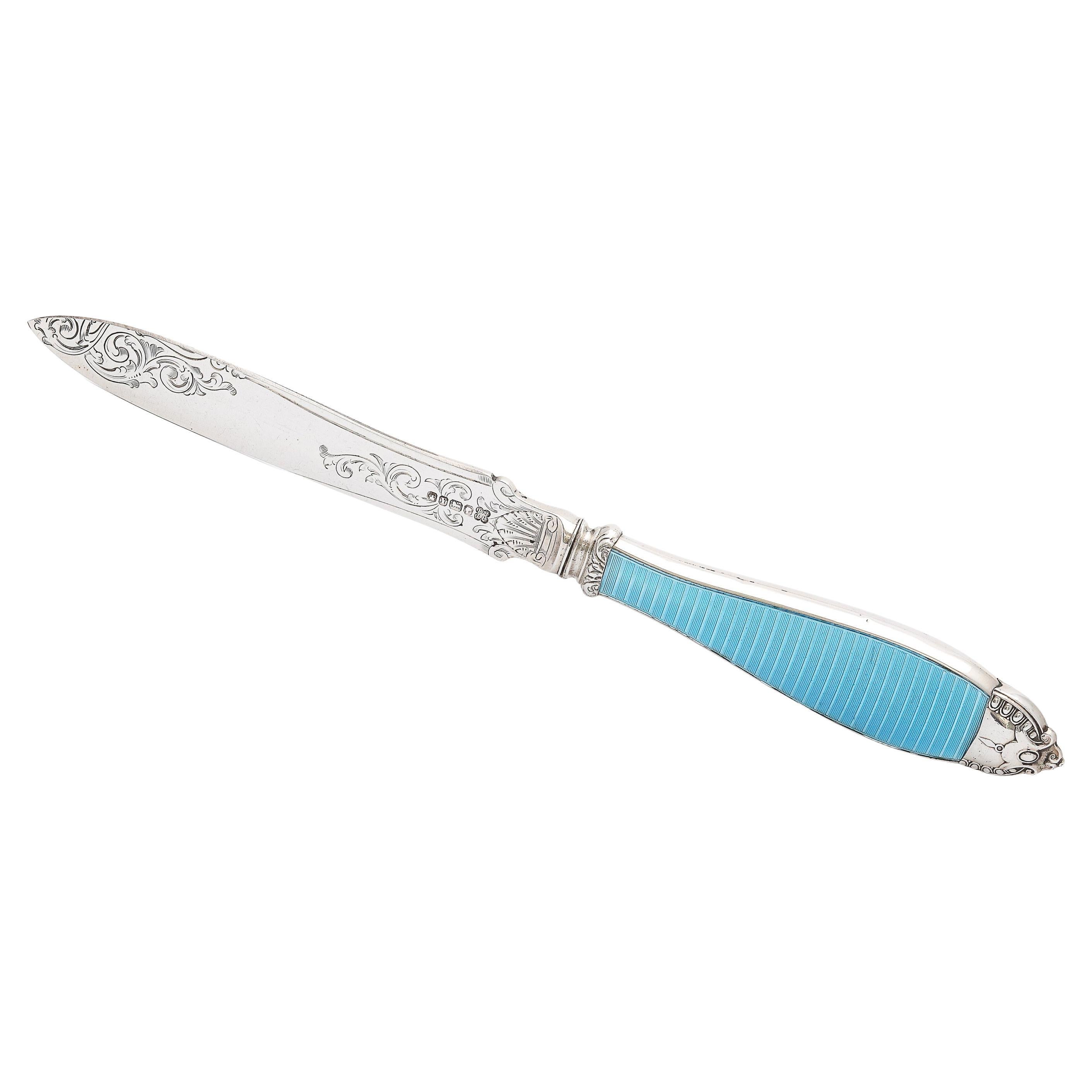 Viktorianischer Brieföffner aus Sterling Silber und türkisblauer Guilloche-Emaille im Angebot
