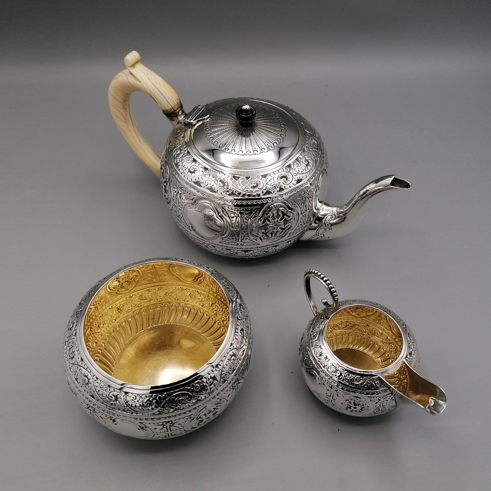 Embossed Victorian Sterling Silver Bachelor or Tete-a-tete Tea Set Ivory Handle