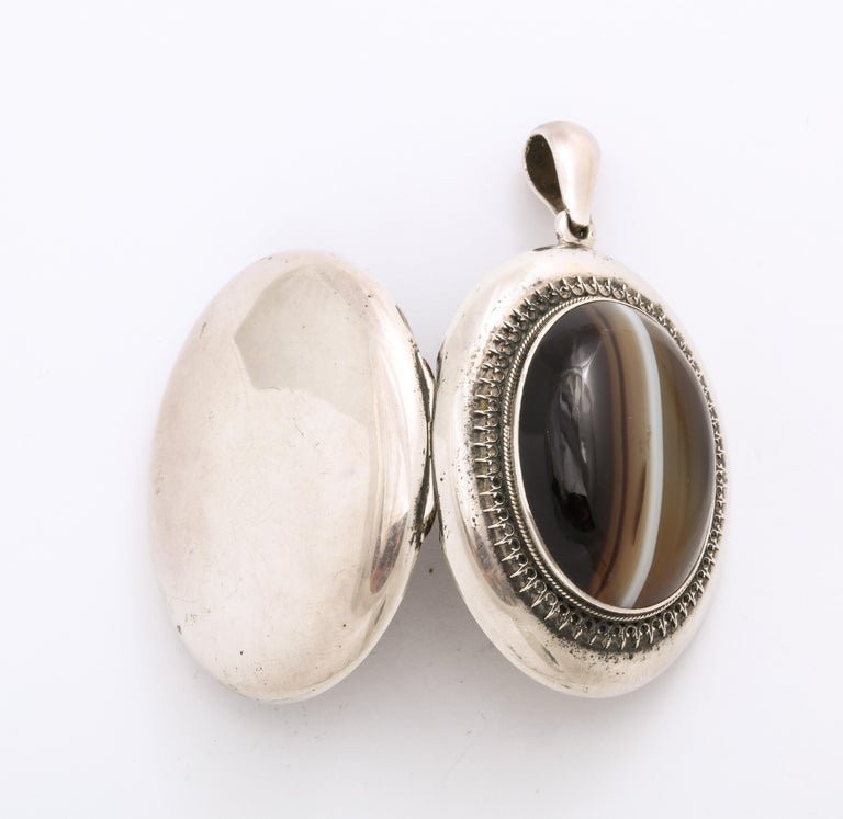 Cabochon Victorian Sterling Silver Banded Agate Locket For Sale