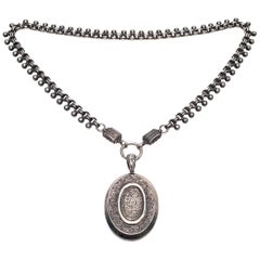 Victorian Sterling Silver Beaded Book Chain and 800 Silver Locket