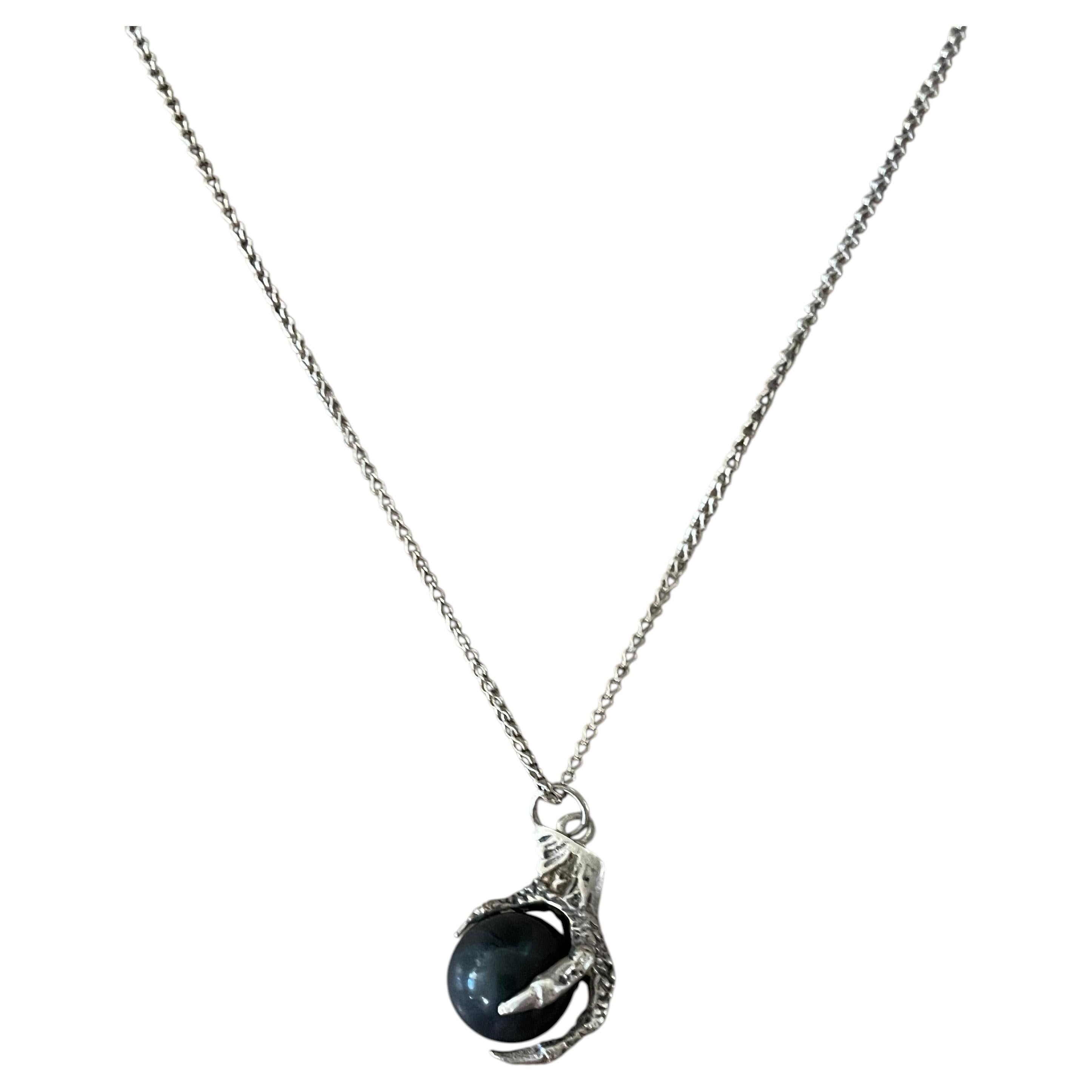 Victorian Sterling Silver Black Onyx Bird Claw Charm Necklace Circa 1880