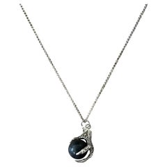 Victorian Sterling Silver Black Onyx Bird Claw Charm Necklace Circa 1880