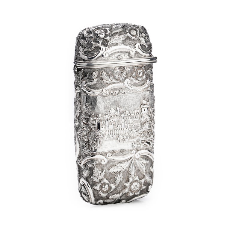 Antique Early Victorian Sterling Silver Castle top Cheroot/Cigar case with Windsor castle design. 
Made in Birmingham, 1839 
Maker : Joseph Willmore
Fully hallmarked.

Approx Dimensions - 
Size : 12.5 x 5.5 x 2.5 cm
Weight : 90
