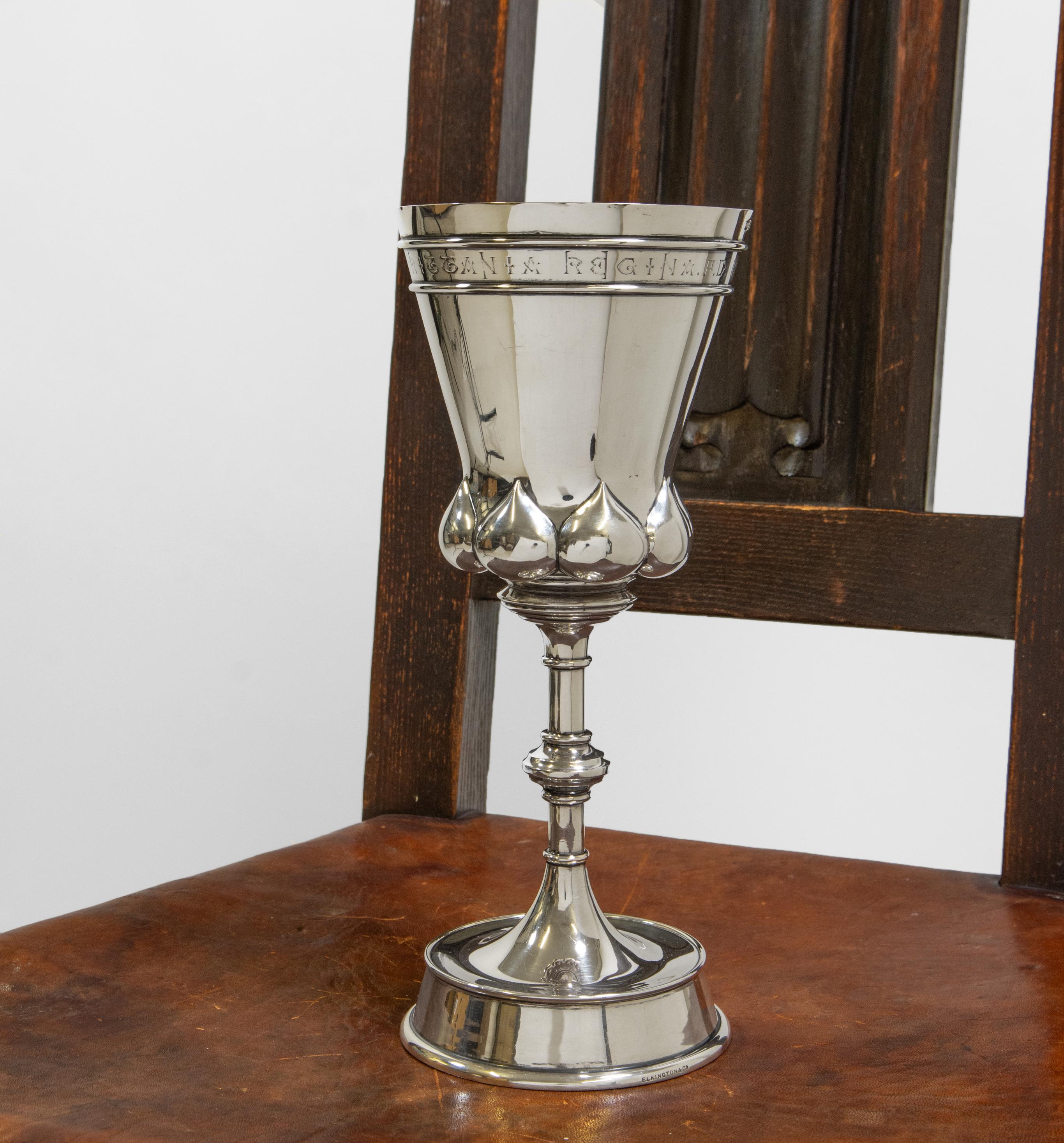 19th Century Victorian Sterling Silver Chalice With Gothic Style Inscription Elkington & Co