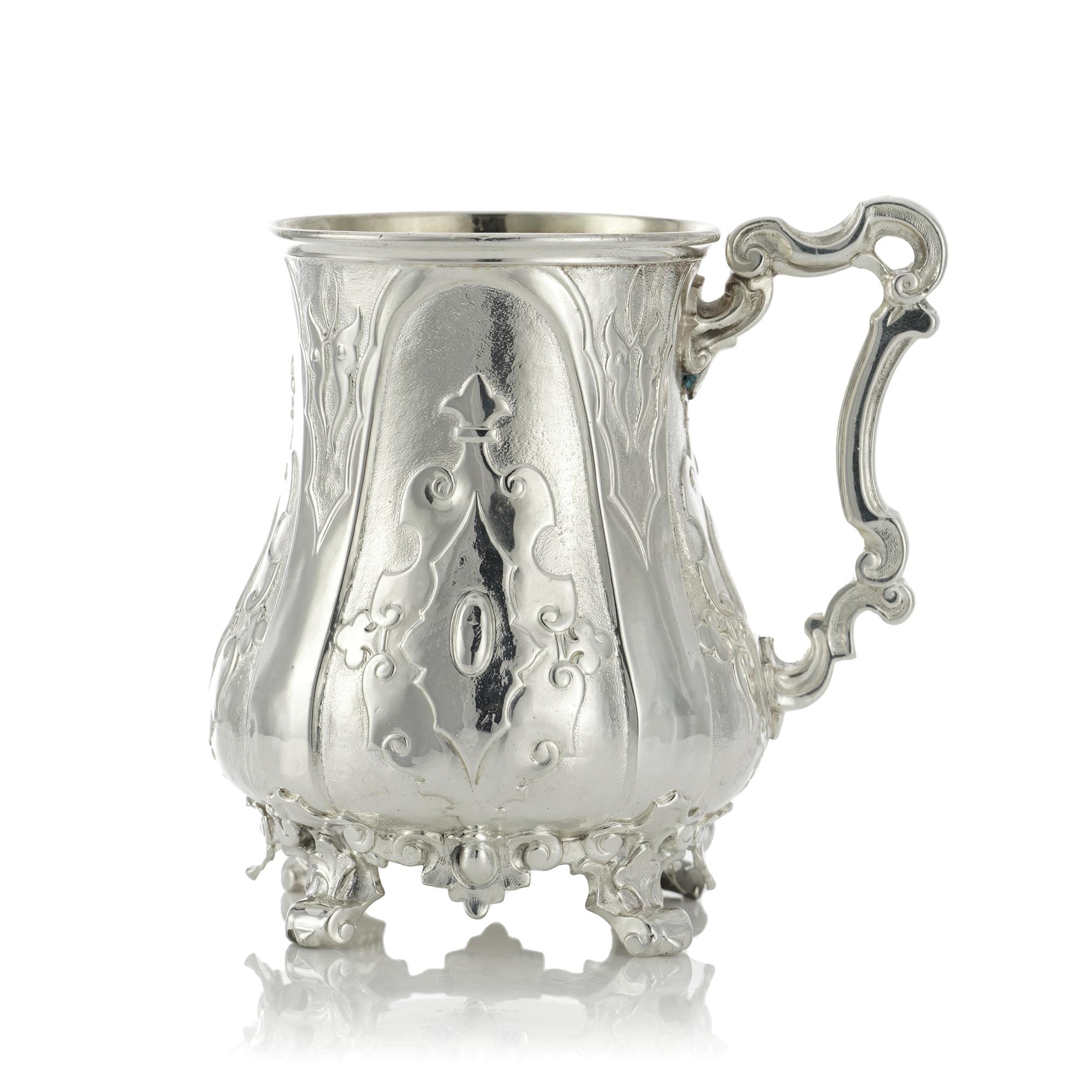 British Victorian Sterling Silver Decorative Mug with Handle For Sale