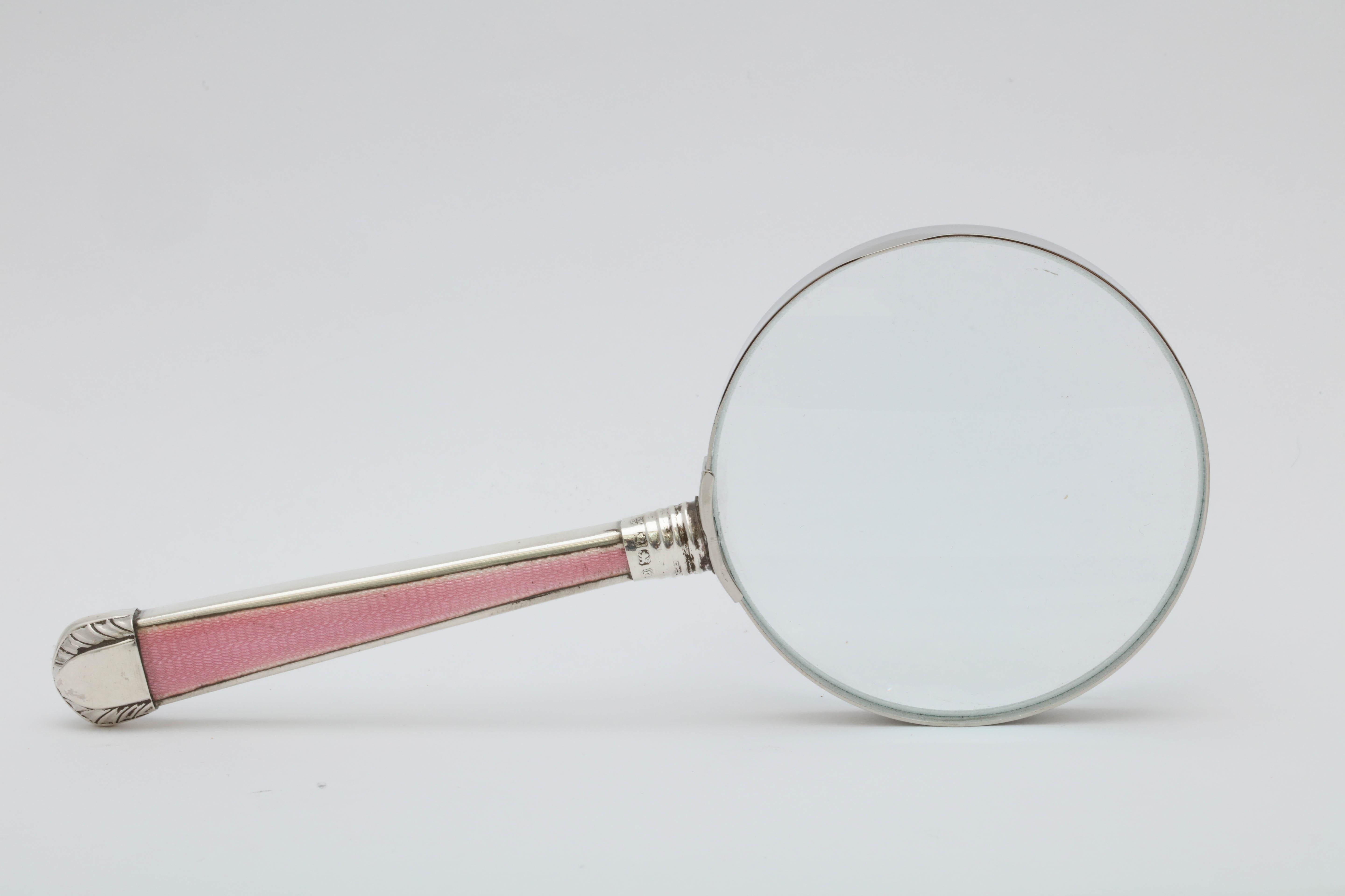 English Victorian, Sterling Silver, Deep Pink Guilloche Enamel-Mounted Magnifying Glass