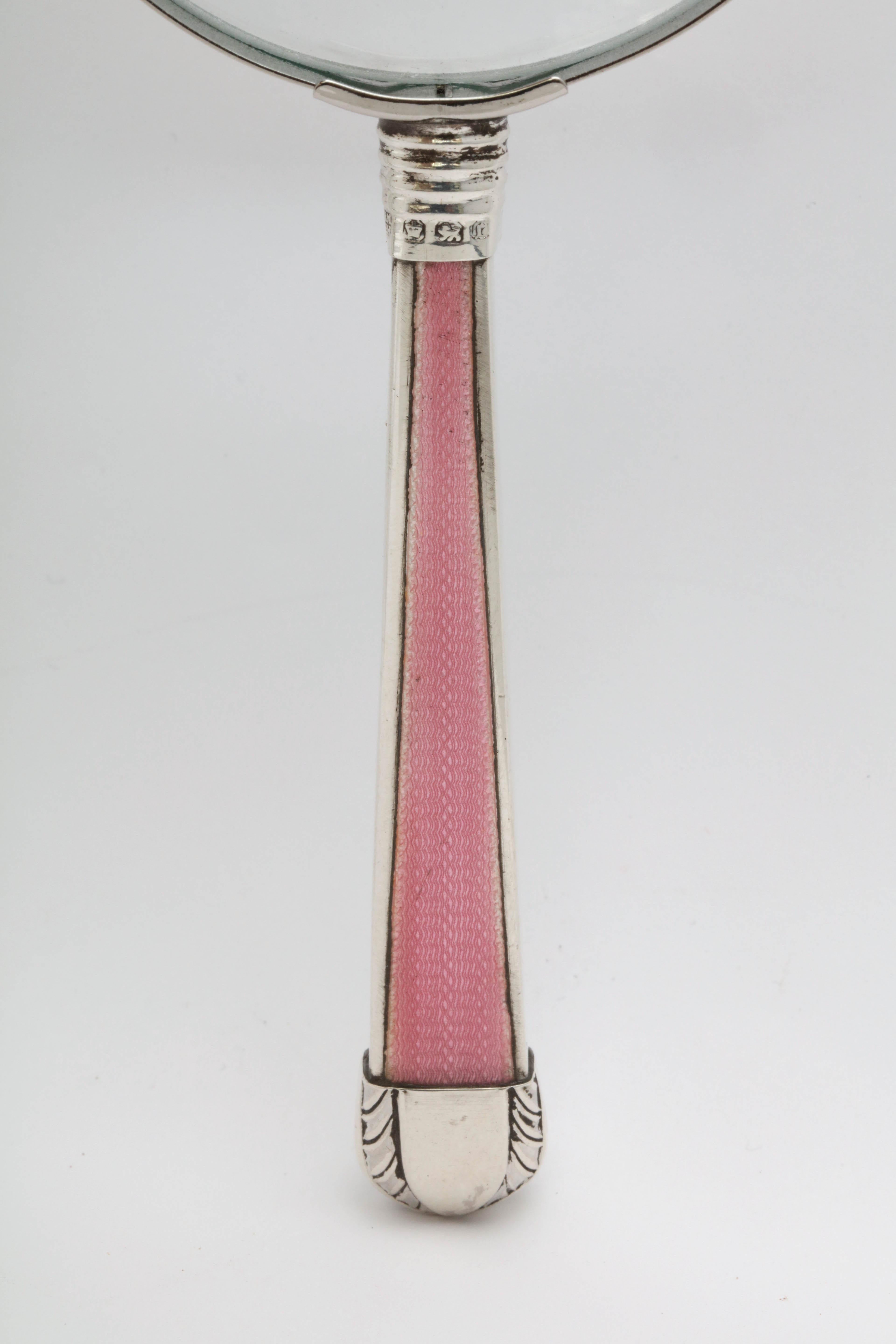 Victorian, Sterling Silver, Deep Pink Guilloche Enamel-Mounted Magnifying Glass In Excellent Condition In New York, NY