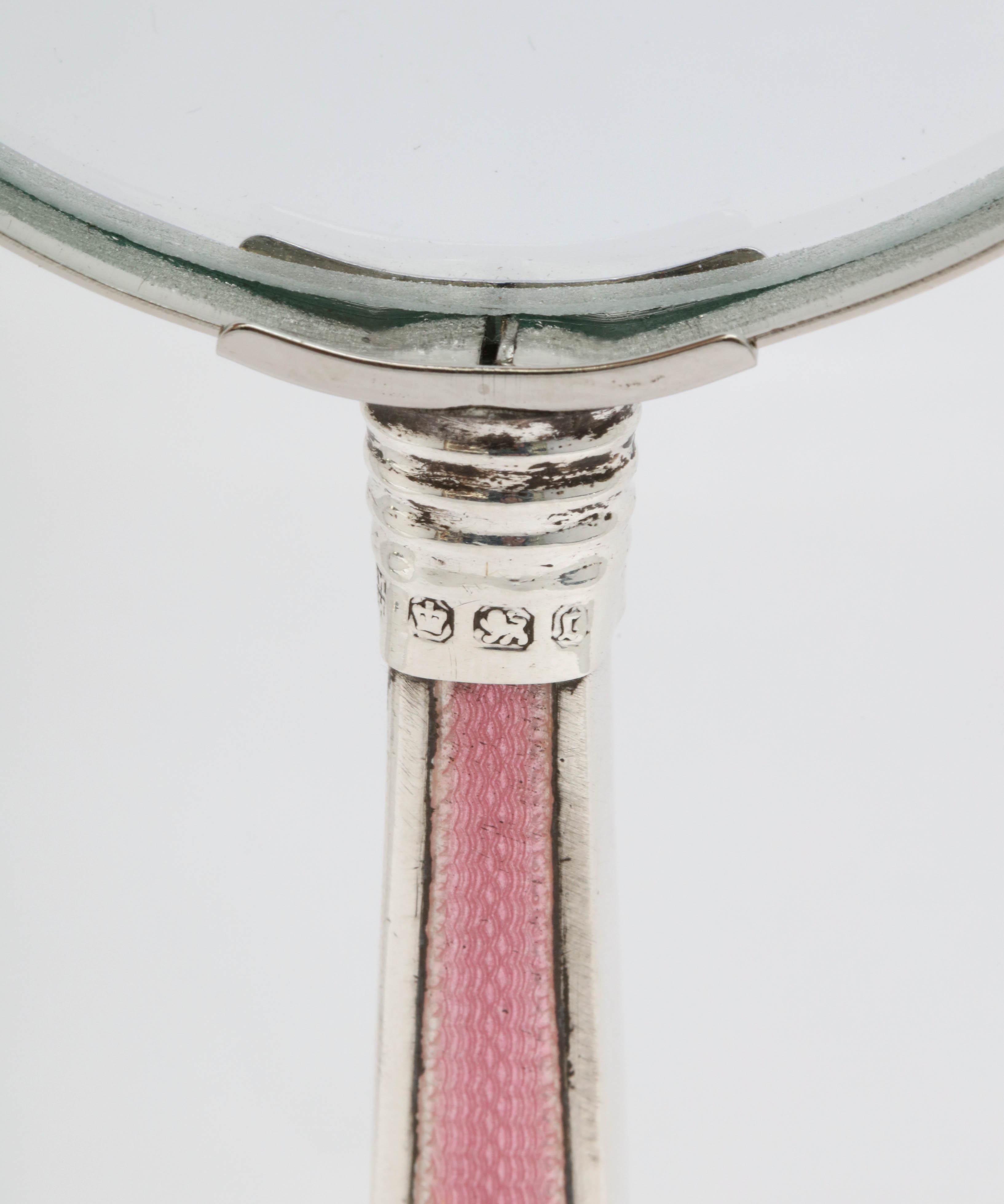 Late 19th Century Victorian, Sterling Silver, Deep Pink Guilloche Enamel-Mounted Magnifying Glass