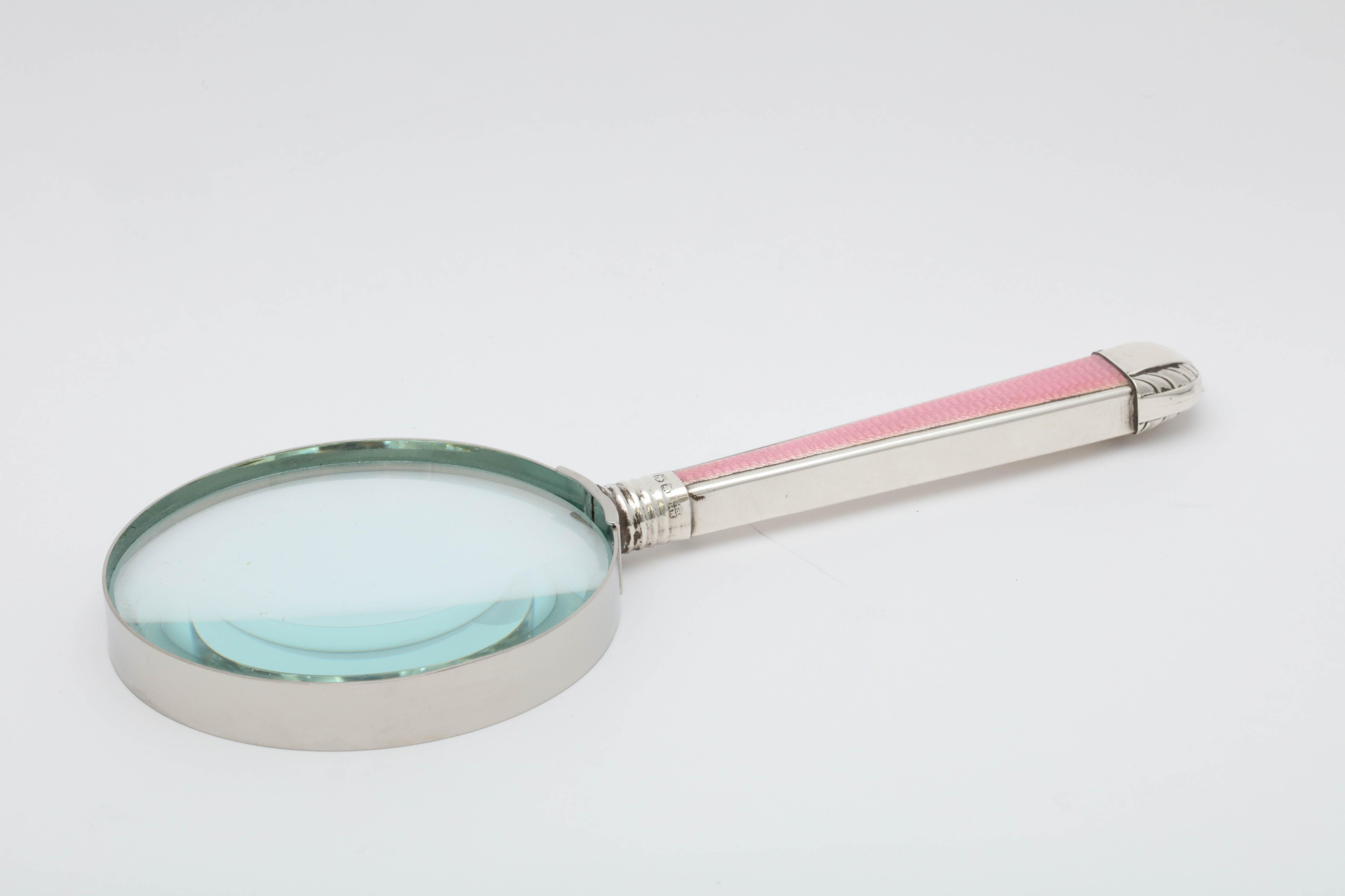 Metal Victorian, Sterling Silver, Deep Pink Guilloche Enamel-Mounted Magnifying Glass