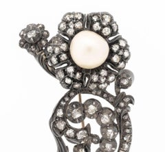 Victorian Sterling Silver Diamond and Pearl Brooch