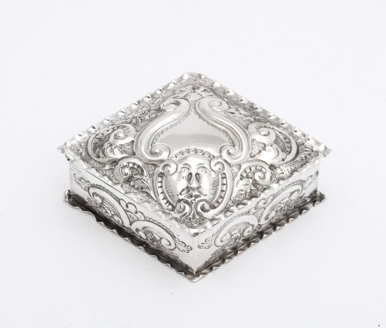 Gold Victorian Sterling Silver Diamond-Form Trinkets Box with Hinged Lid For Sale