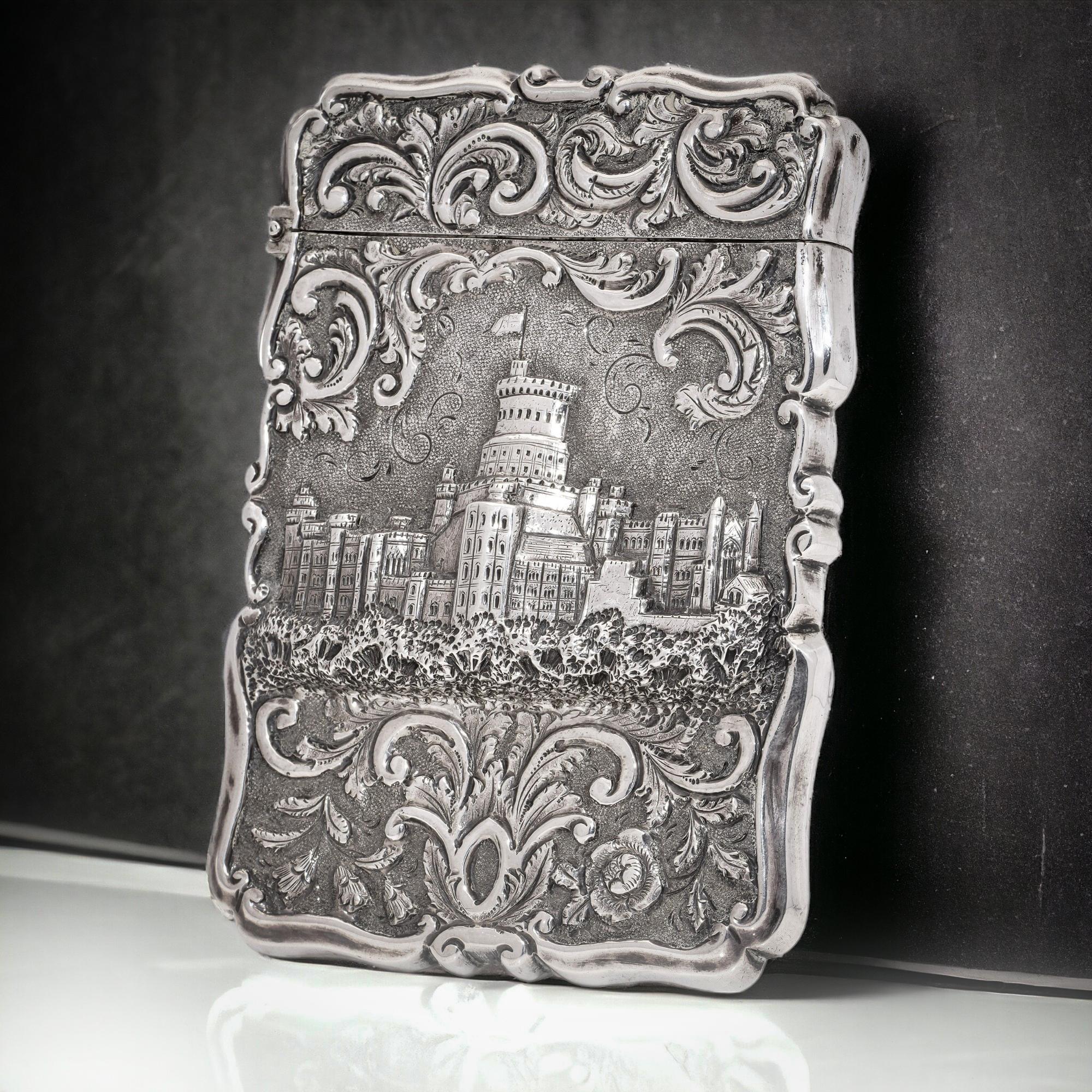 Antique Victorian 925 sterling silver embossed card case, featuring Windsor castle relief. 

A Victorian silver card case with a 'castle-top' design, crafted by Edward Thomason in 1851
The front features a raised depiction of Windsor Castle