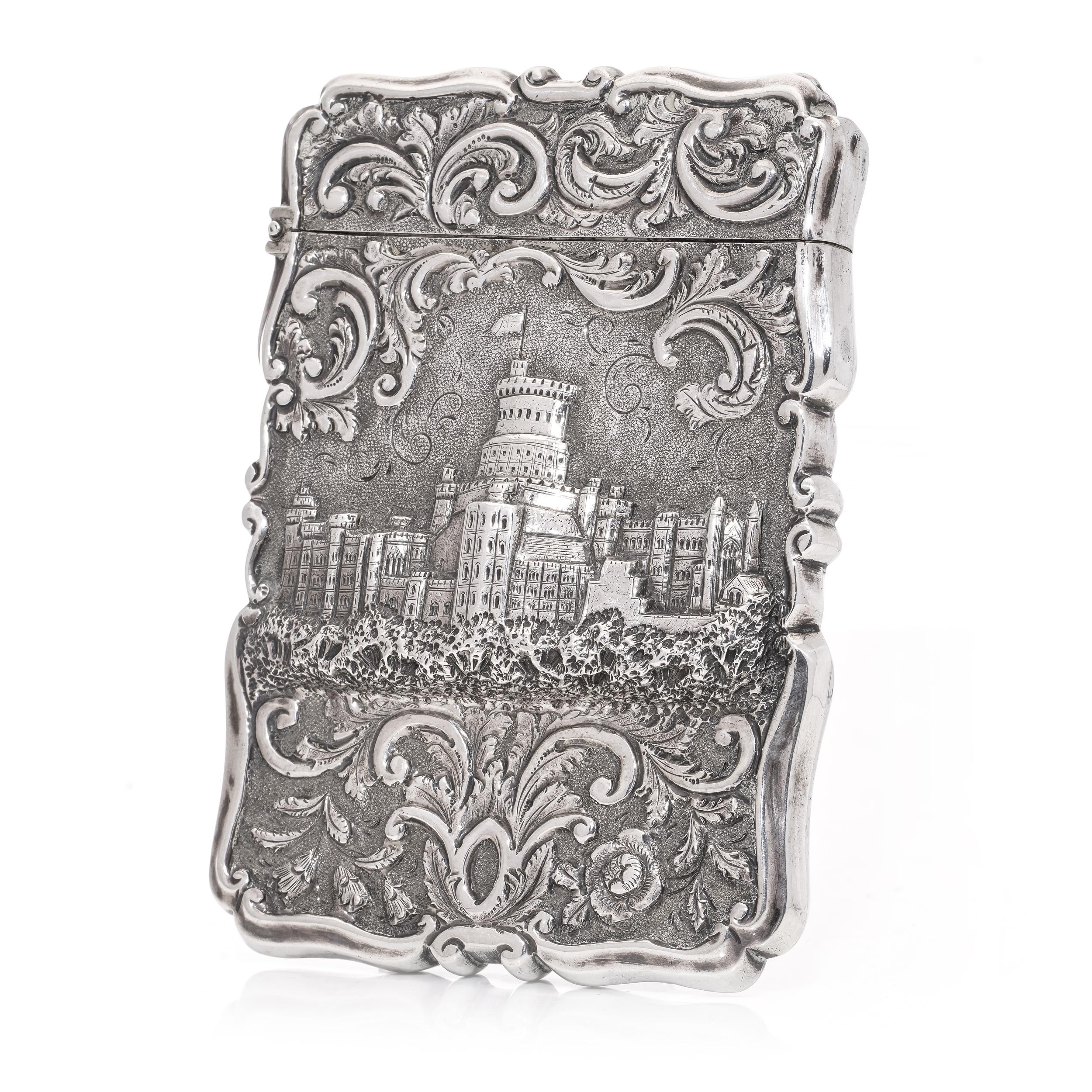 British Victorian sterling silver embossed card case, featuring Windsor castle For Sale