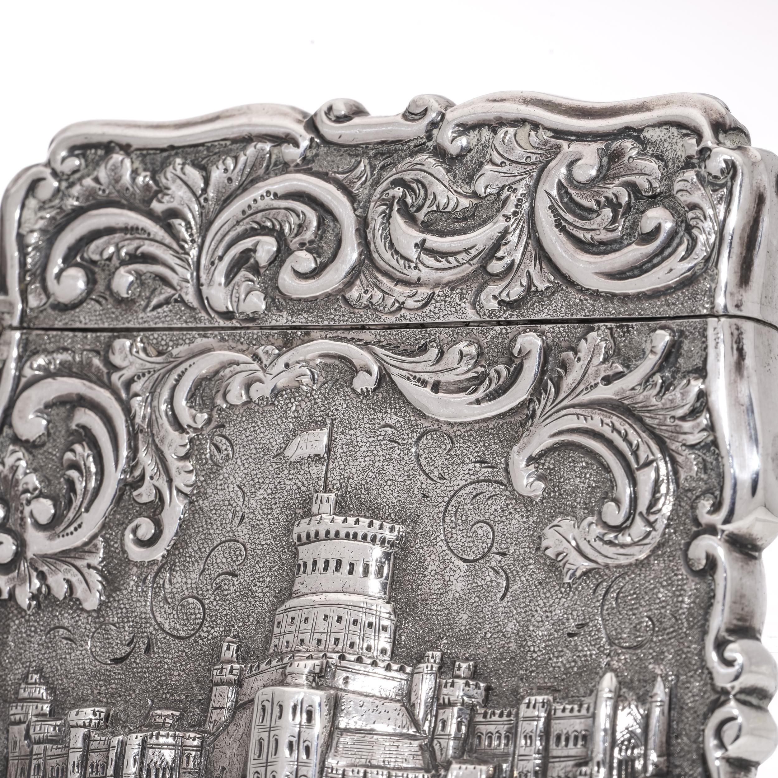 Mid-19th Century Victorian sterling silver embossed card case, featuring Windsor castle For Sale