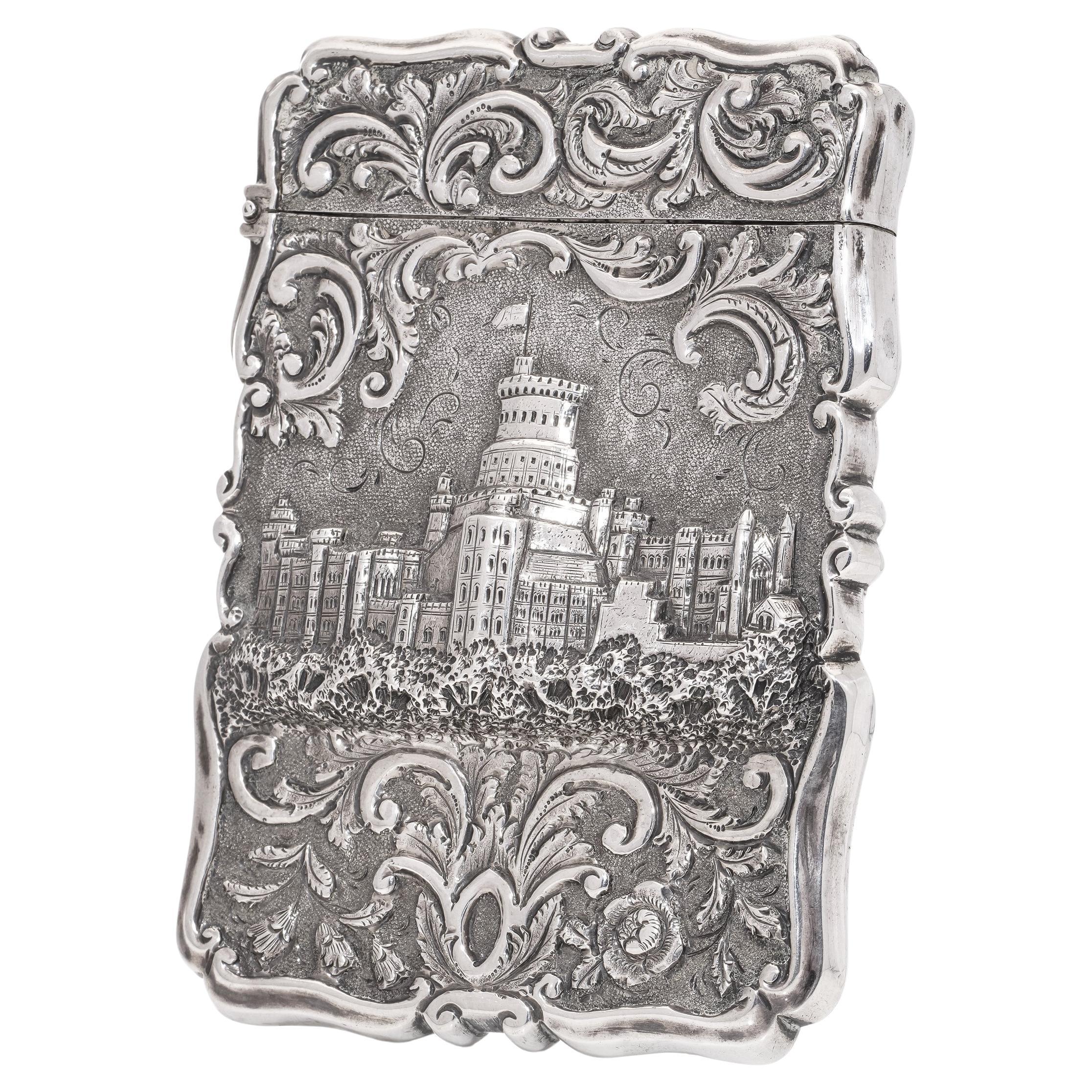 Victorian sterling silver embossed card case, featuring Windsor castle For Sale
