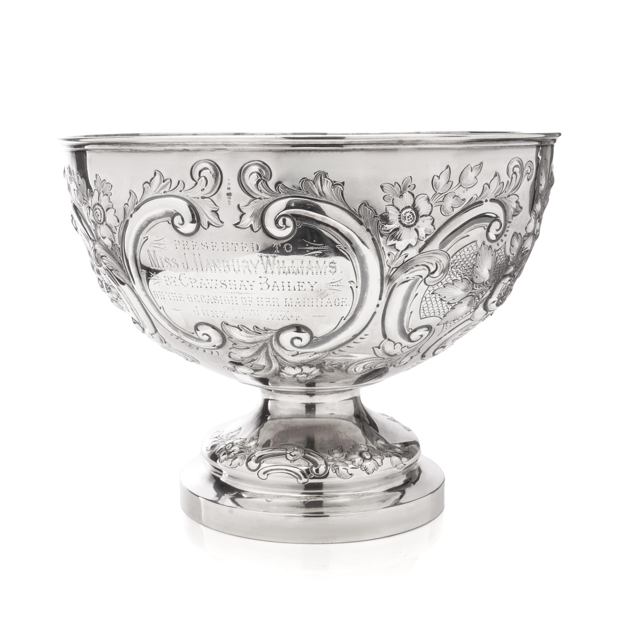 British Victorian sterling silver embossed large punch bowl, 1883 For Sale