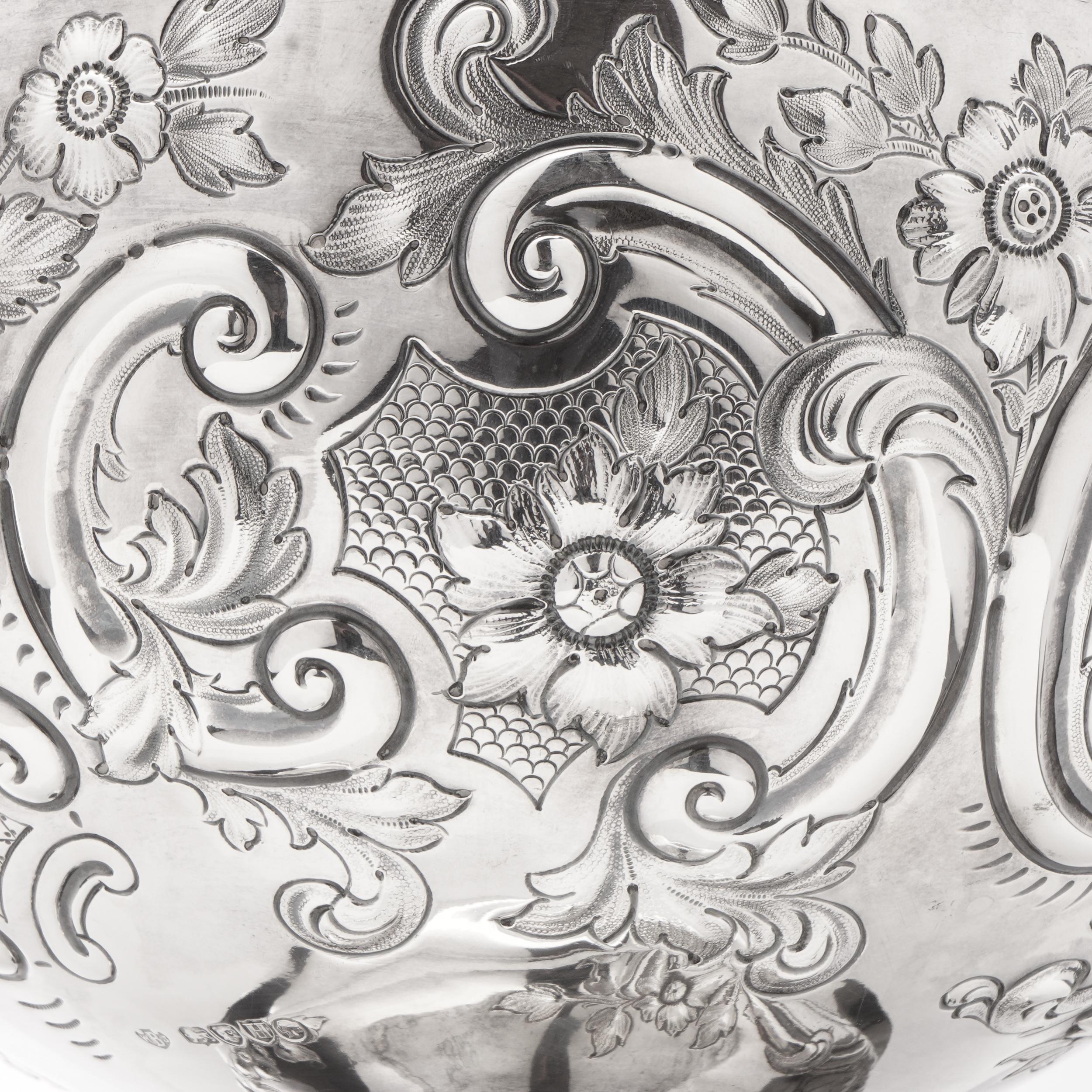 Late 19th Century Victorian sterling silver embossed large punch bowl, 1883 For Sale