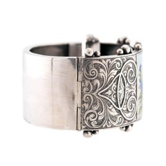 Victorian Sterling Silver Enamel Floral Motif Bangle