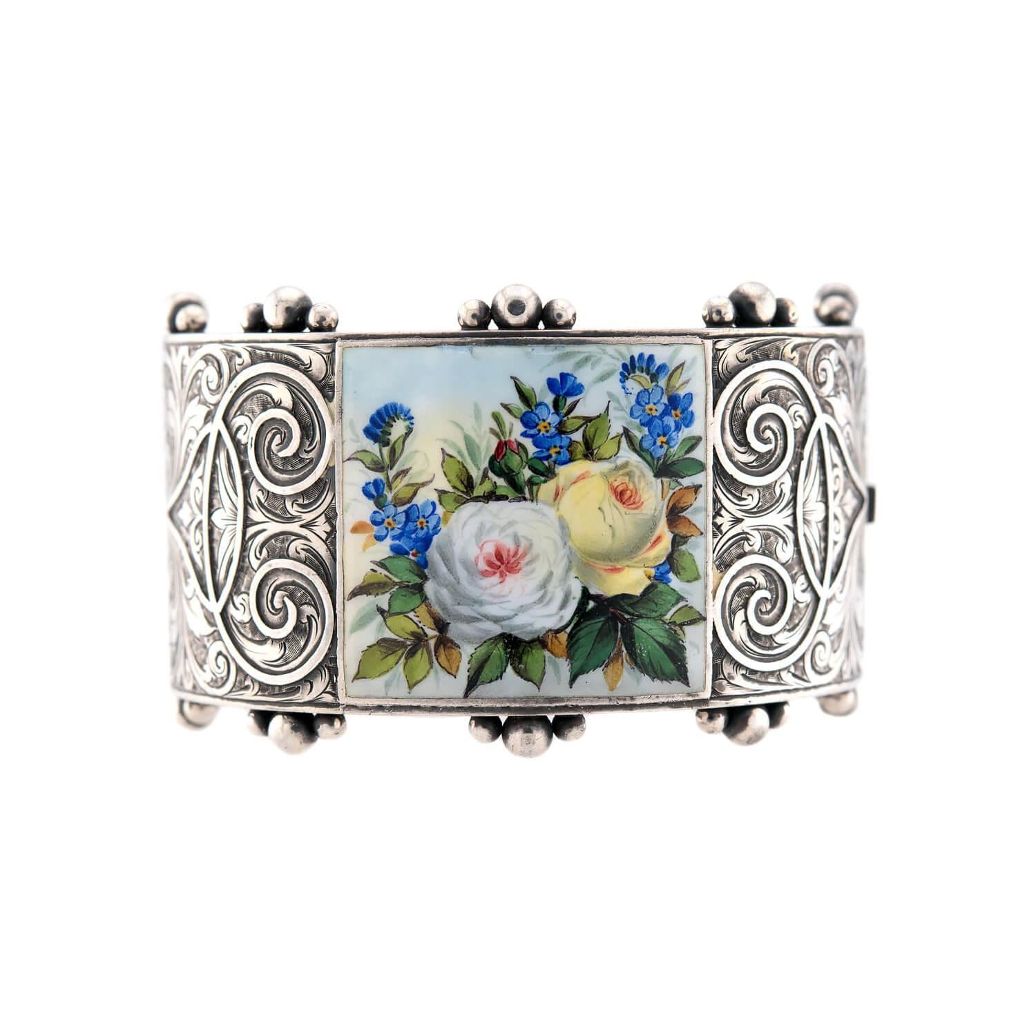 Bracelet victorien en argent sterling avec motif floral en émail en vente
