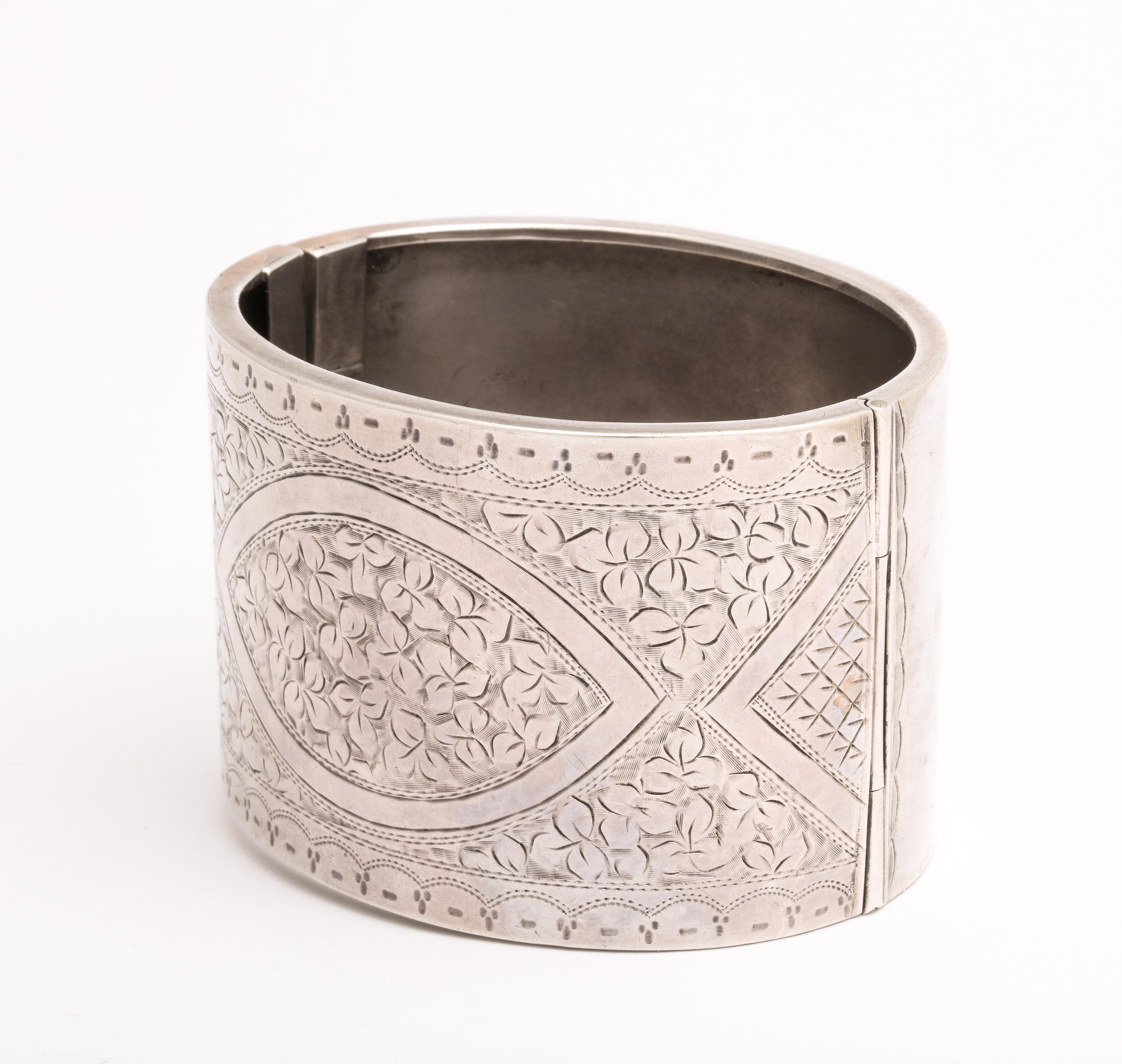 During the 1860's through the 1880's silver bracelets such as this ivy leaf engraved wide cuff were everywhere in Europe. I call the period the silver rush in England where most of these cuffs were made in a plethora of patters with beautiful hand