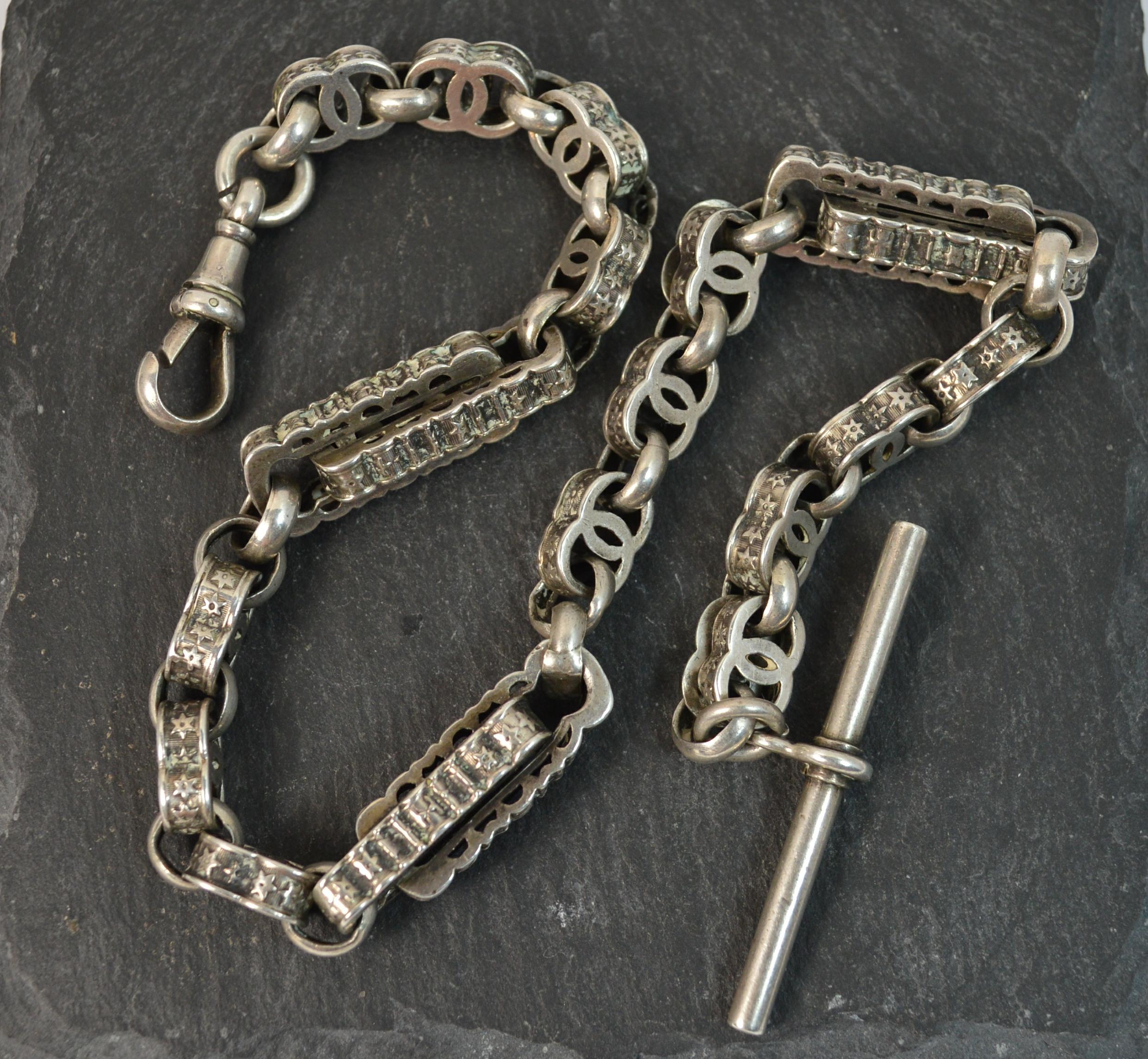 Women's or Men's Victorian Sterling Silver Fancy Link Single Albert Pocket Watch Chain