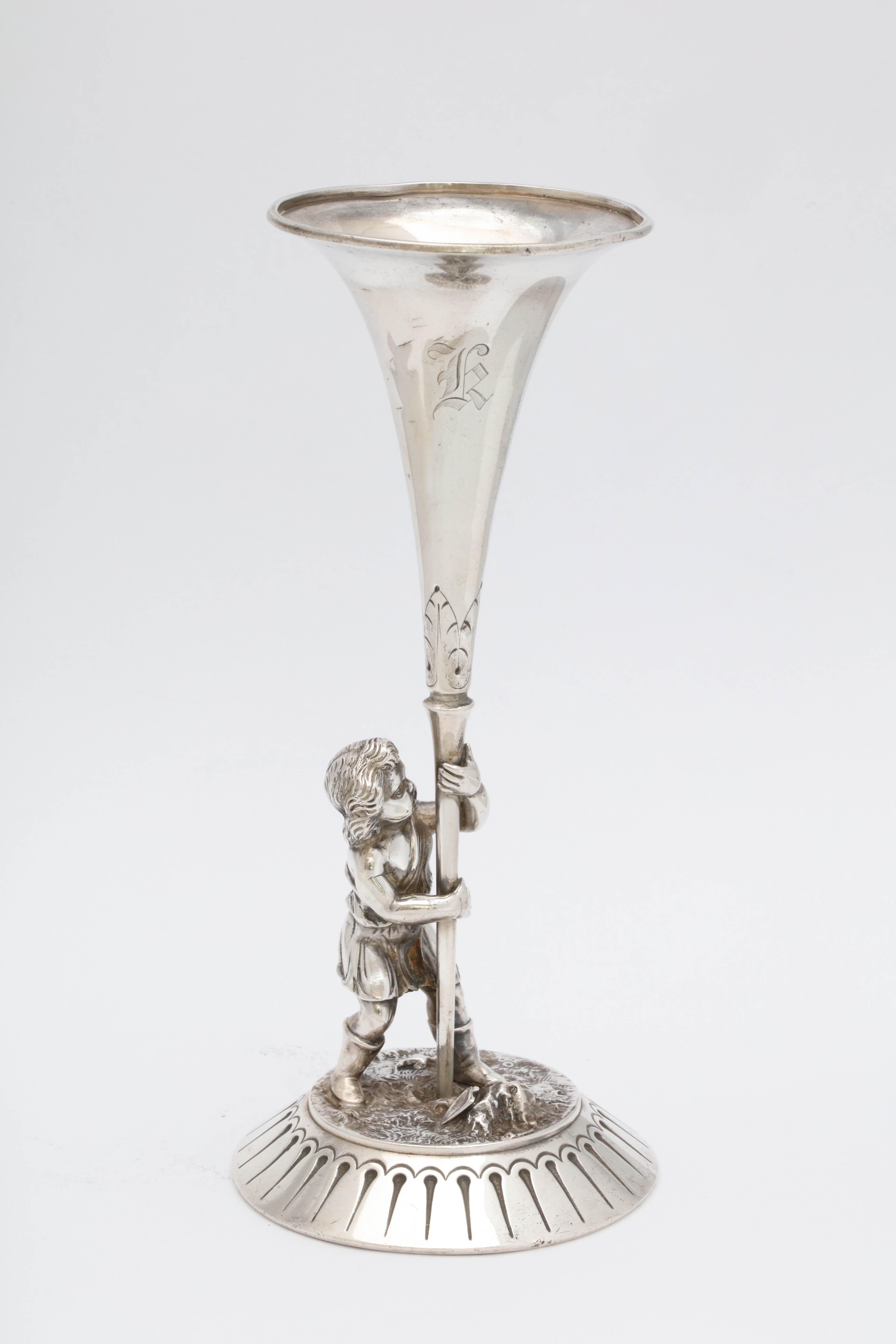 Victorian, sterling silver, figural bud vase, Gorham manufacturing Company, Providence, Rhode Island, year-hallmarked for 1865. Monogrammed with an Old English letter K. Measures 6 3/4 inches high x 3 inches diameter across base x 2 1/2 inches