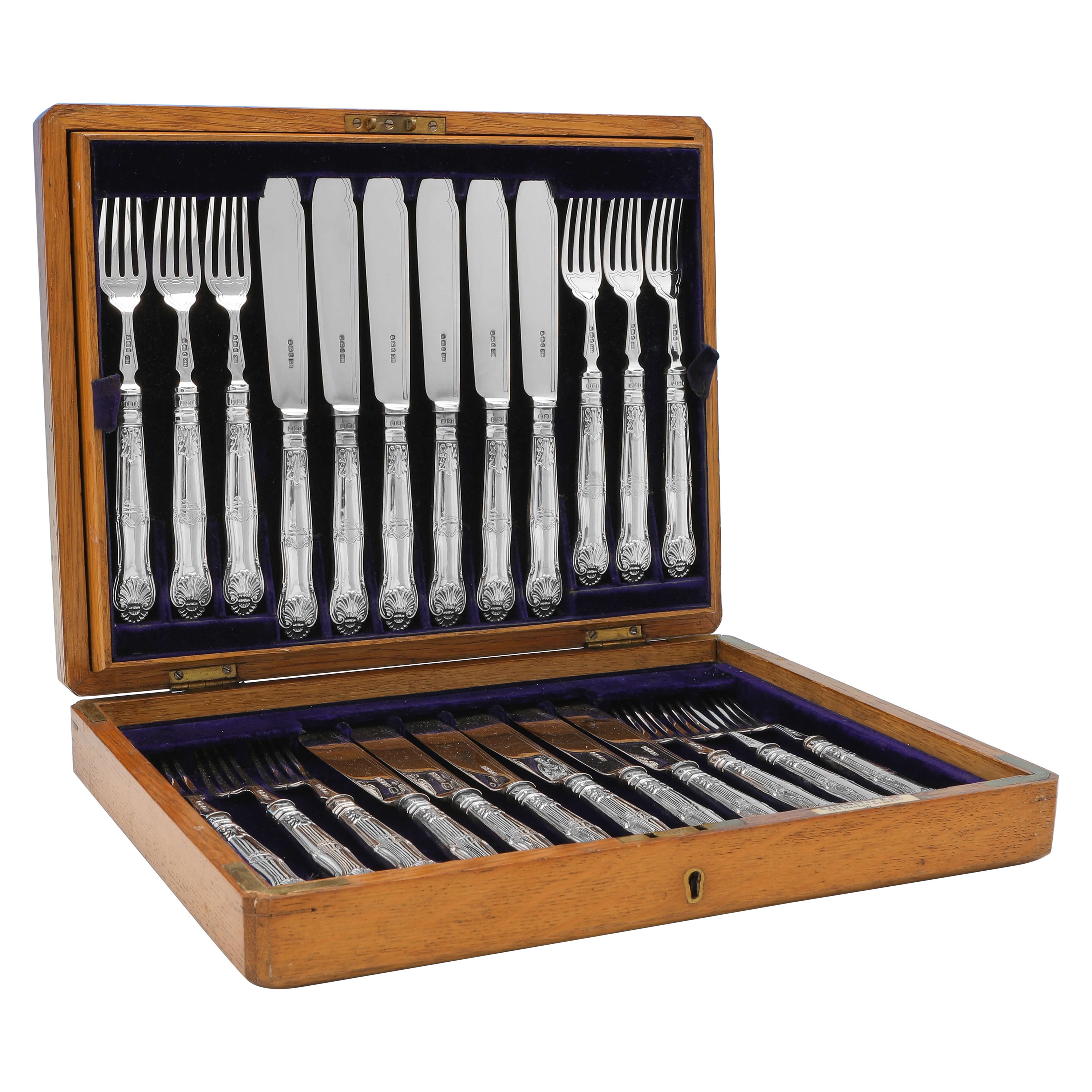 Viktorianisches Fisch-Set aus Sterlingsilber für 12 Personen - Kings Husk-Muster aus Sheffield 1897