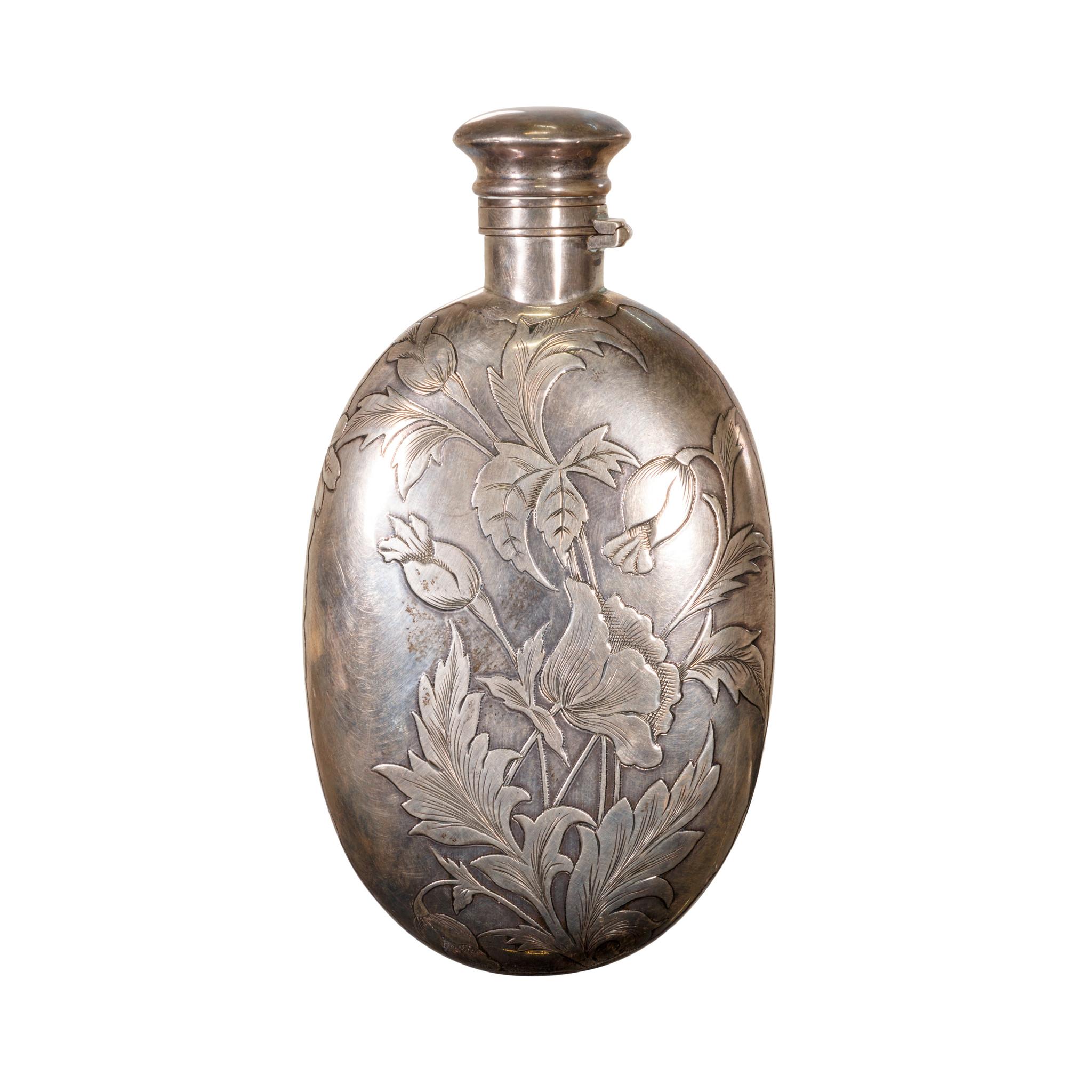Victorian Engraved Sterling Silver Flask For Sale