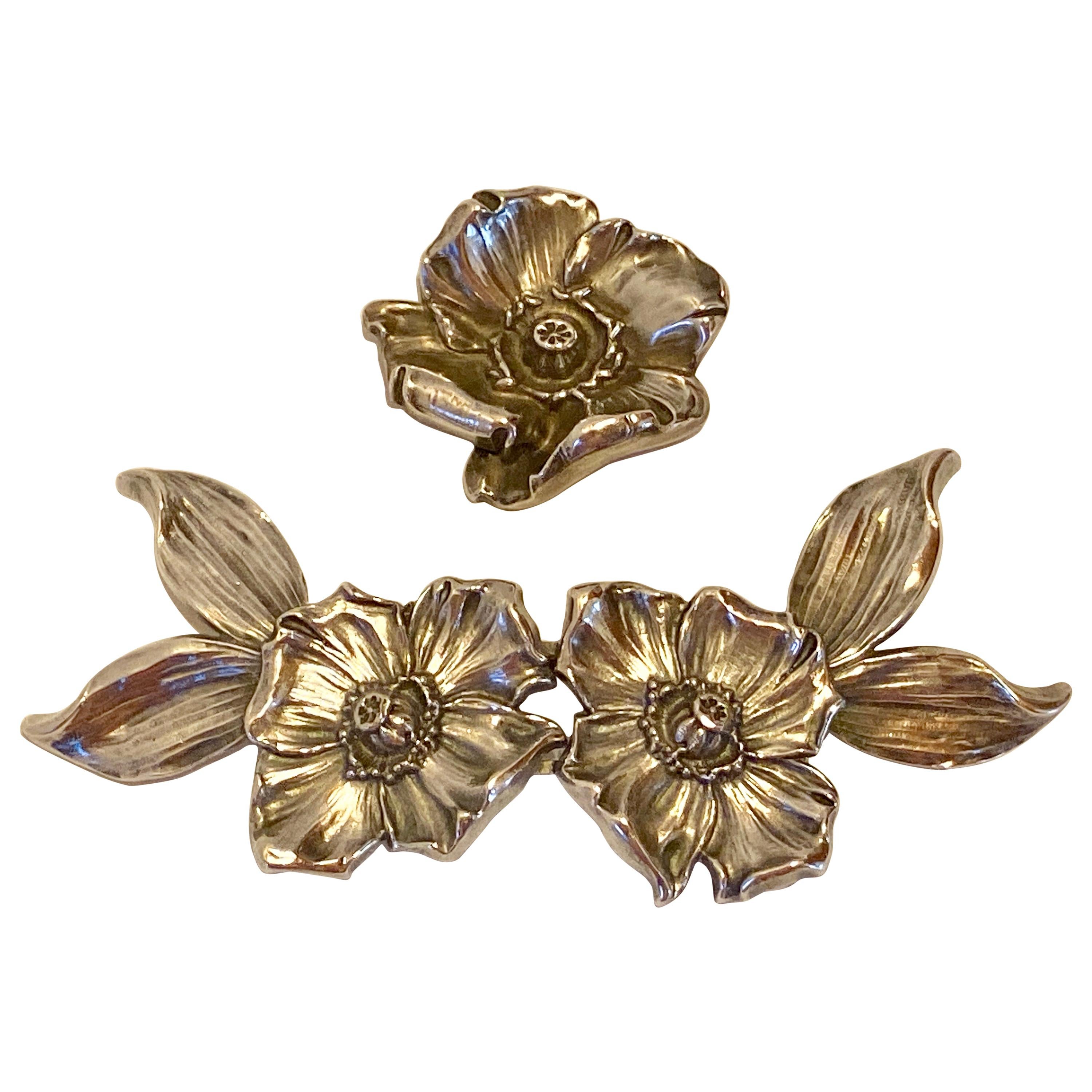 Boucle de ceinture victorienne en argent sterling à 2 pièces à fleurs avec broche florale assortie en vente