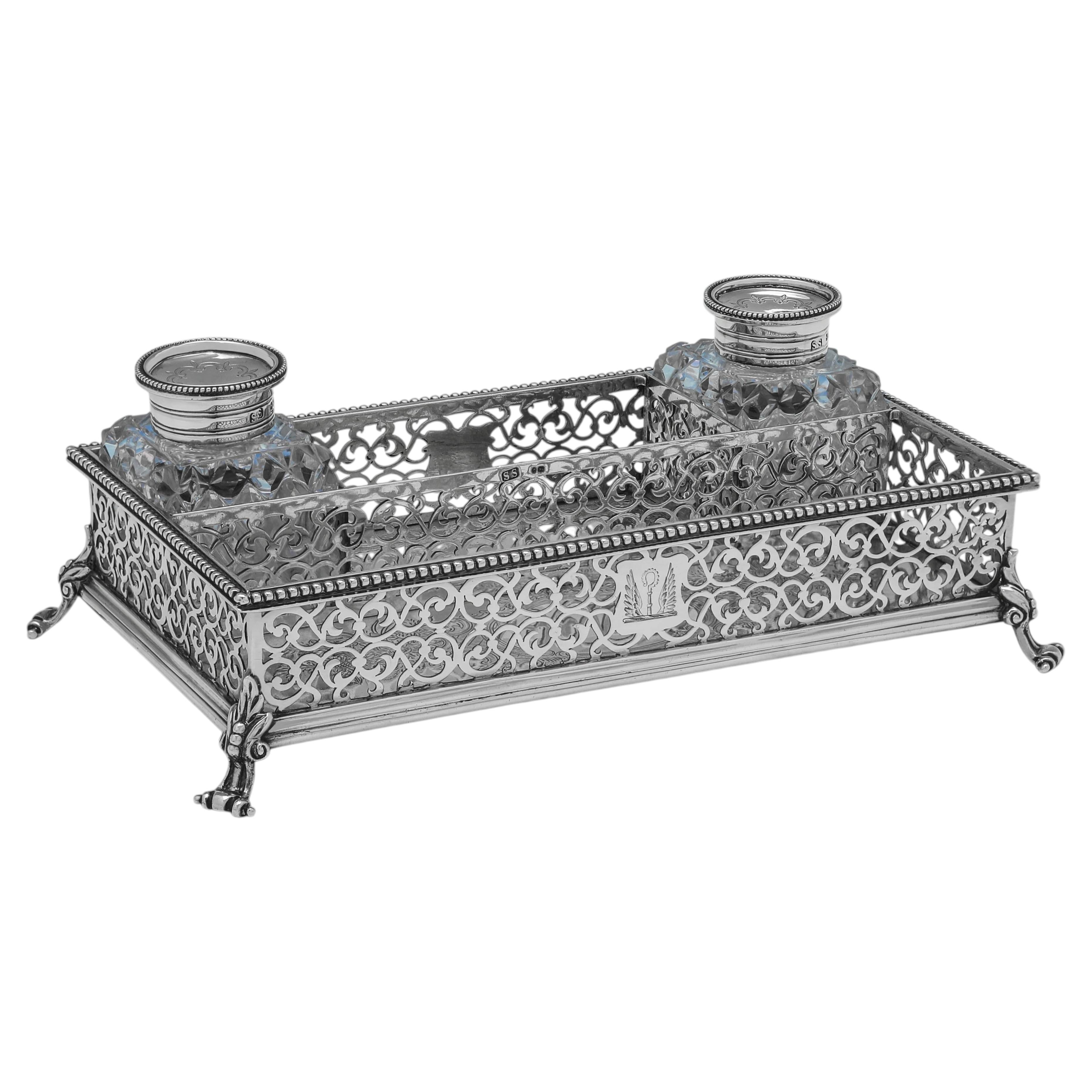Victorian Sterling Silver & Glass Inkstand, Samuel Smily, London 1845 For Sale