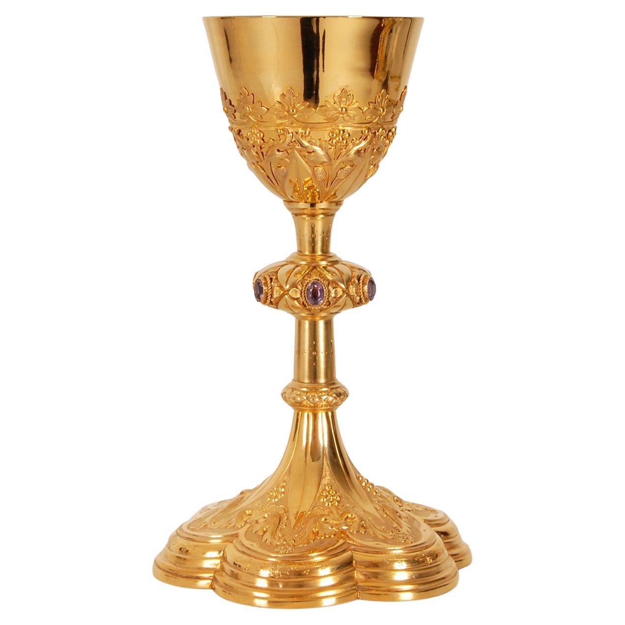 Victorian Sterling Silver Gothic Chalice Jewelled Gilded Silver Holy Goblet