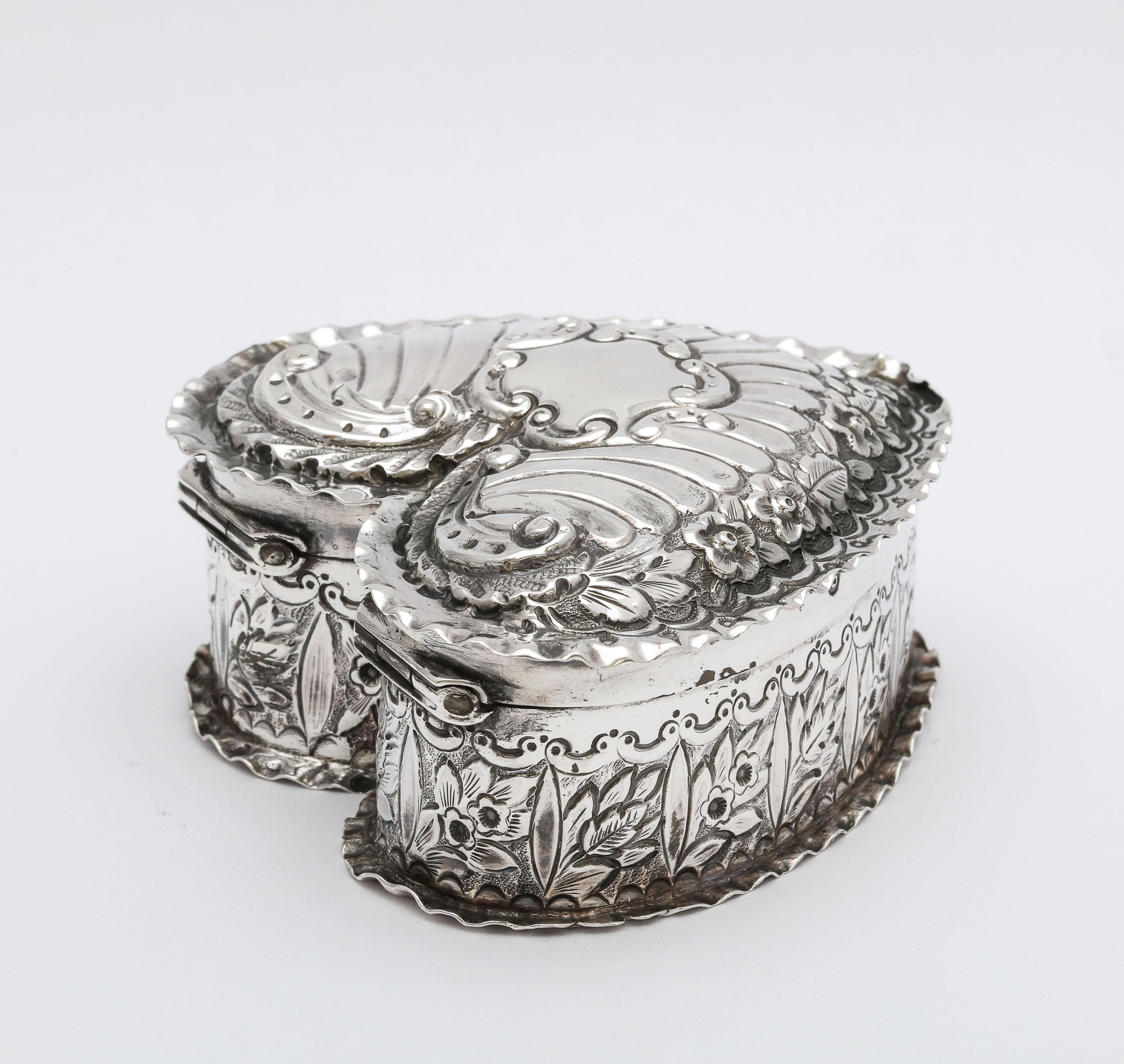 Late 19th Century Victorian Sterling Silver Heart-Form Trinkets Box with Hinged Lid