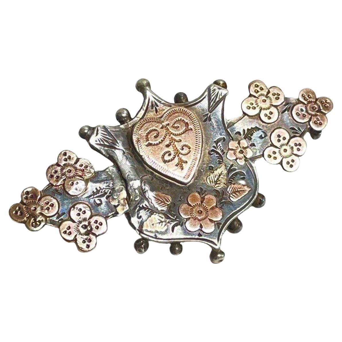 Victorian Sterling Silver Heart Orange Blossom Shield Antique Love Token Brooch For Sale