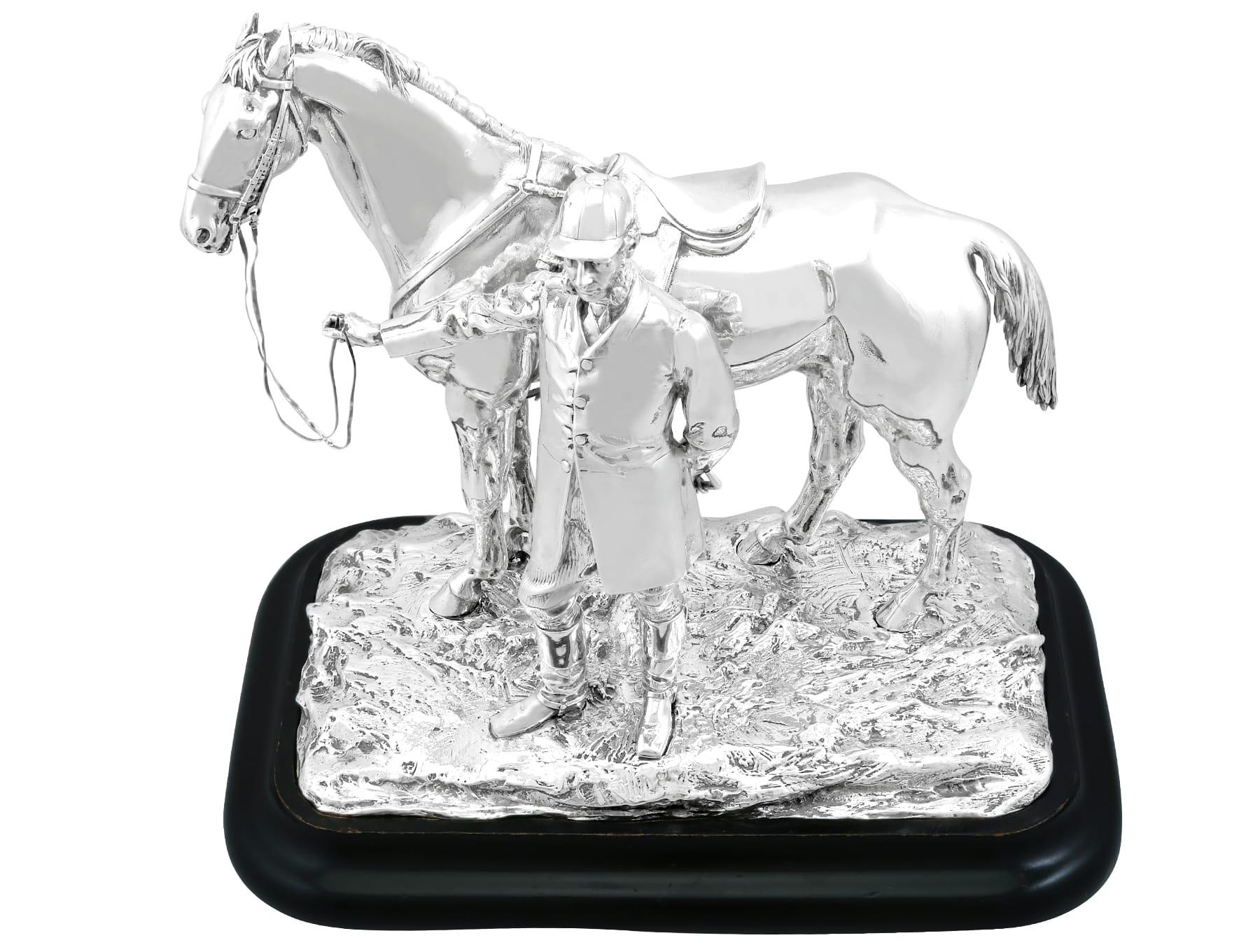 A magnificent, fine and impressive antique Victorian sterling silver horse and huntsman table centrepiece; an addition to our animal related silverware collection

This magnificent, fine and impressive antique Victorian English cast sterling silver