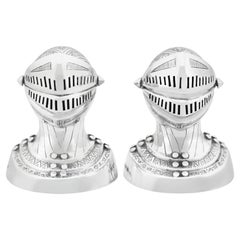 Victorian Sterling Silver Knight Helmet Peppers by George Unite, 1881