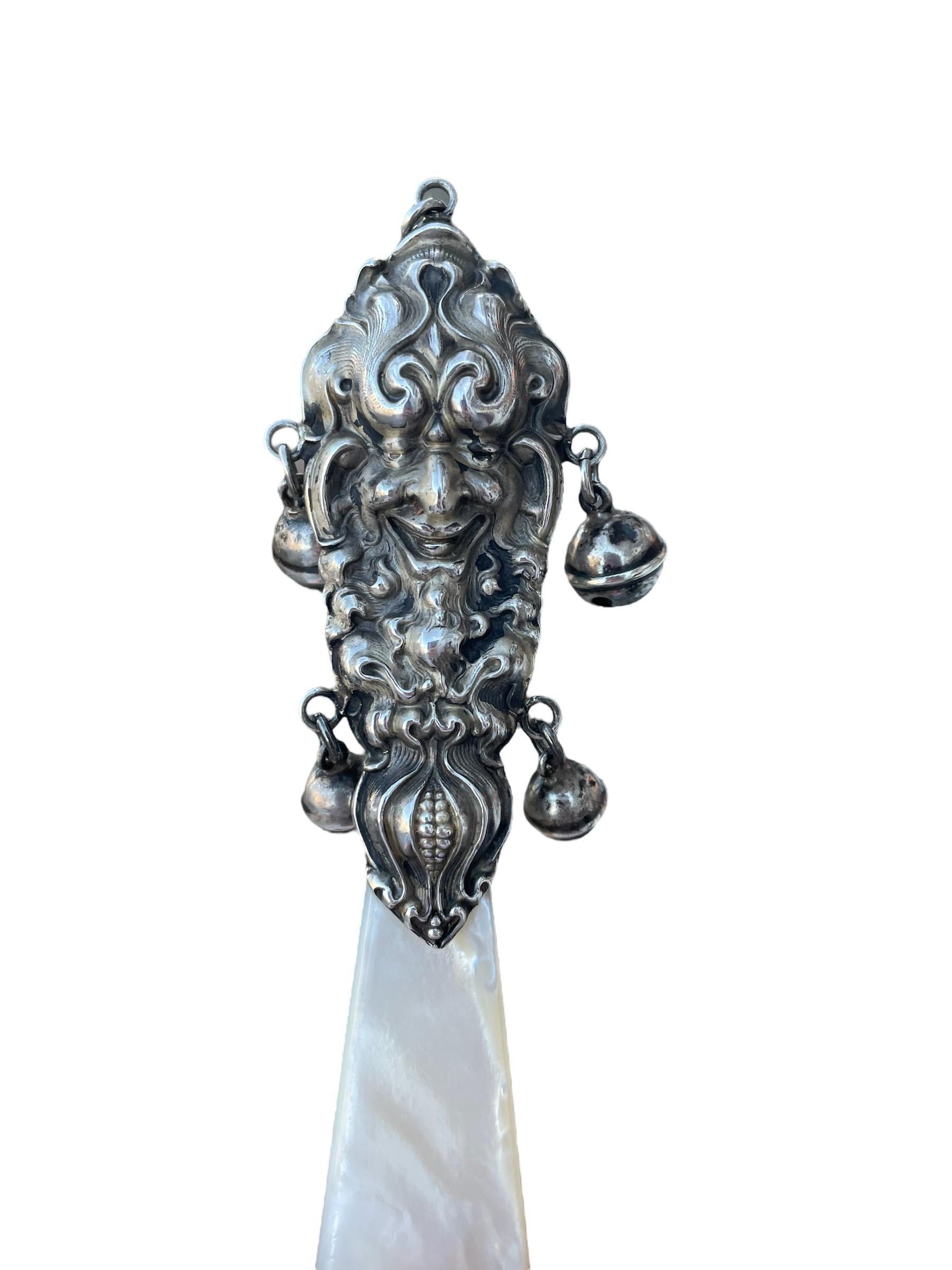 Women's or Men's Victorian Sterling Silver Mother of Pearl Baby Rattle  For Sale