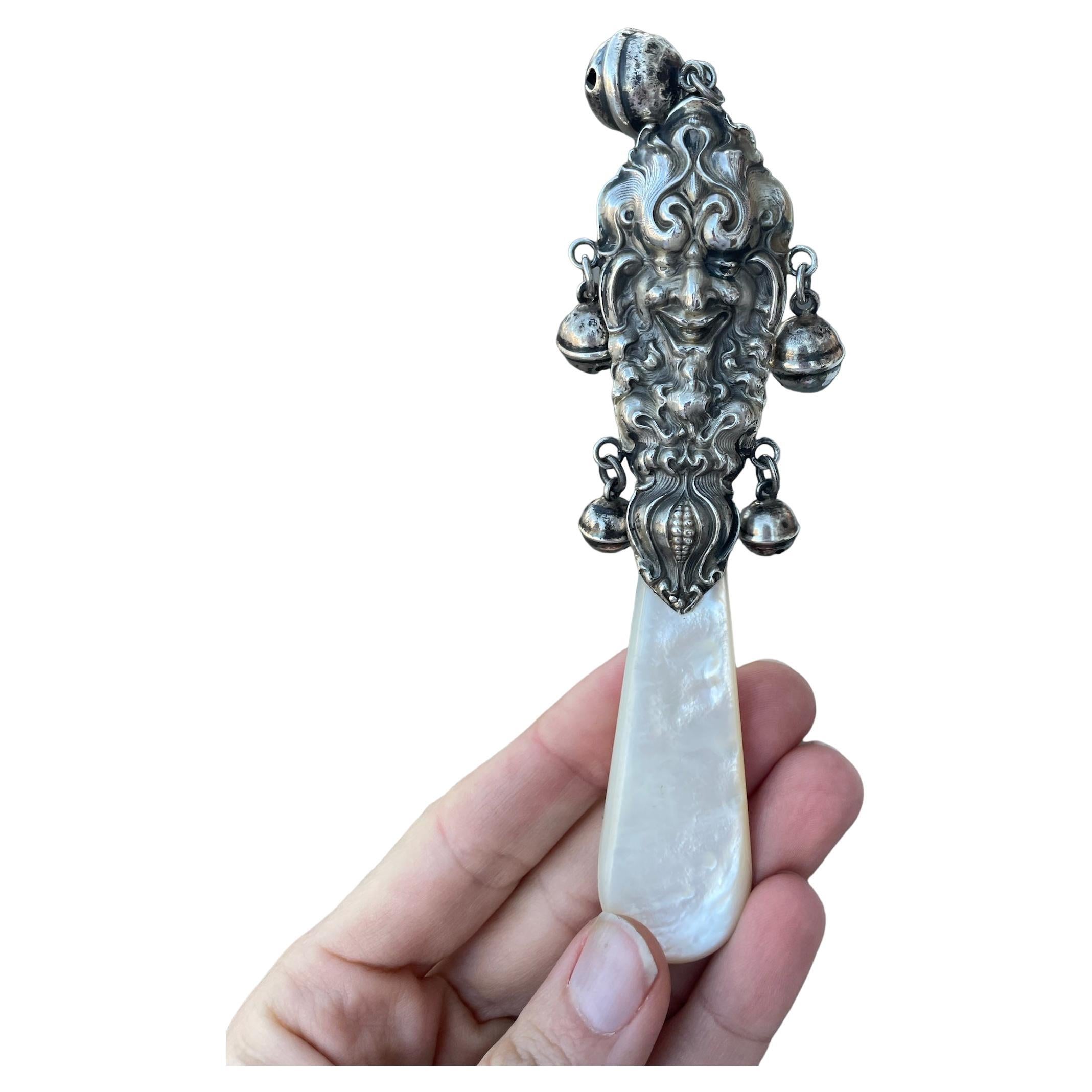 Victorian Sterling Silver Mother of Pearl Baby Rattle 
