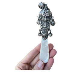 Antique Victorian Sterling Silver Mother of Pearl Baby Rattle 