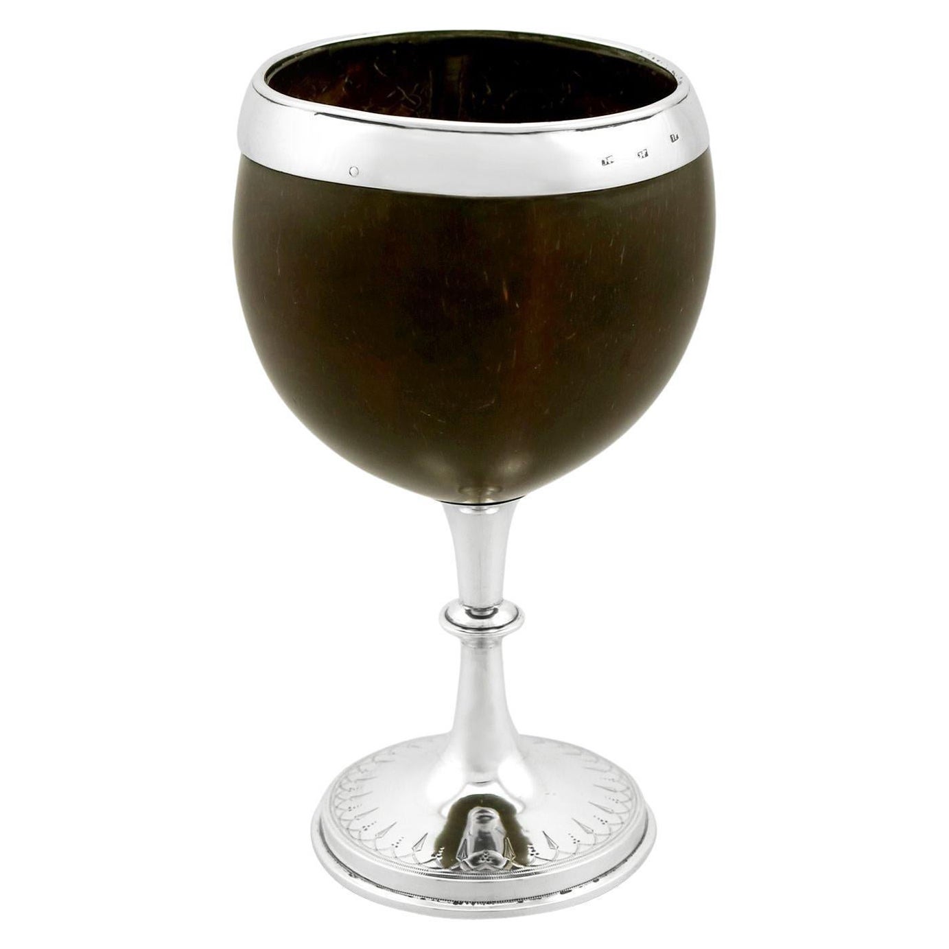 Ancienne coupe de noix de coco victorienne montée en argent sterling