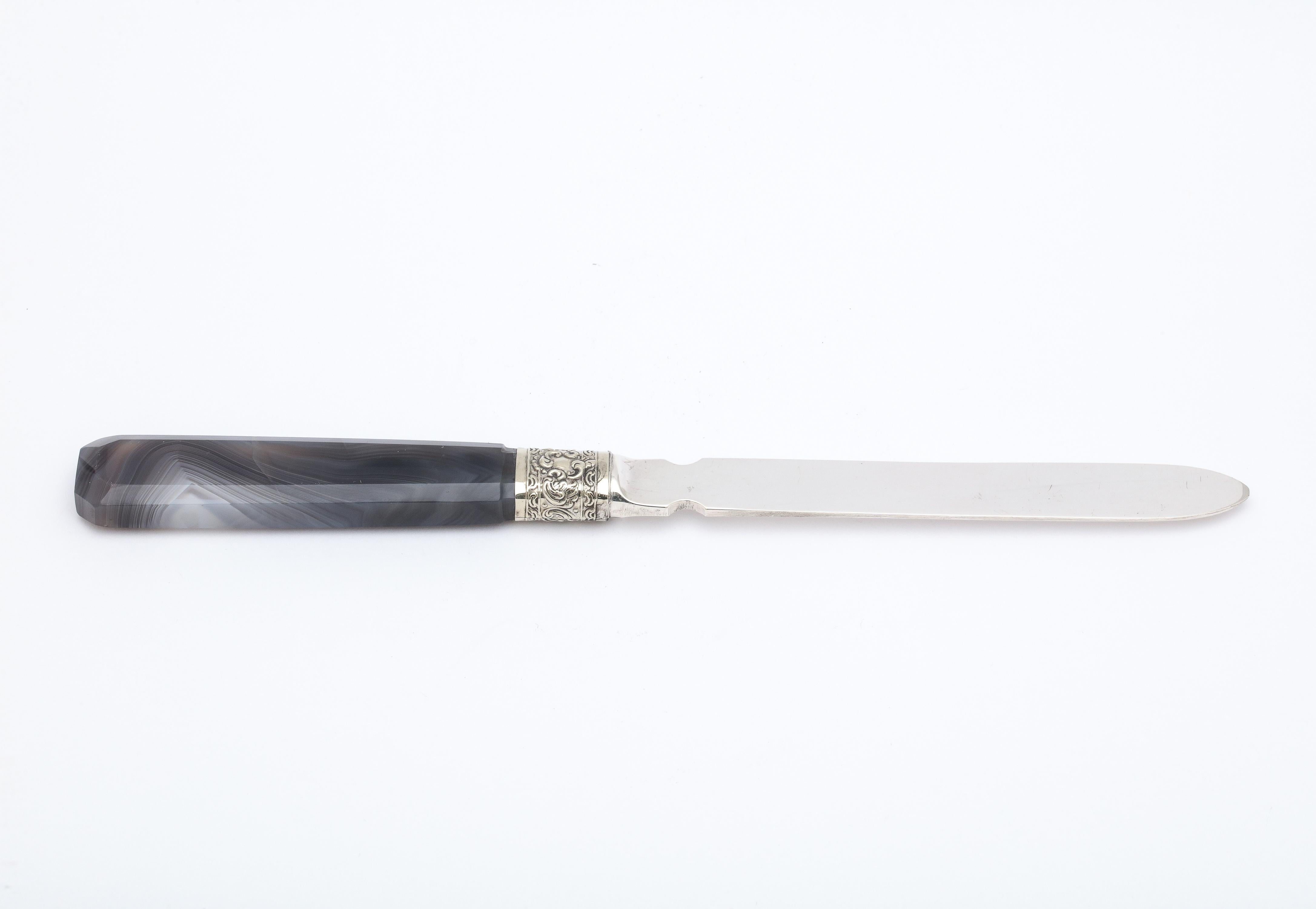 English Victorian Sterling Silver-Mounted Dark Gray Agate Letter Opener-Mappin and Webb For Sale