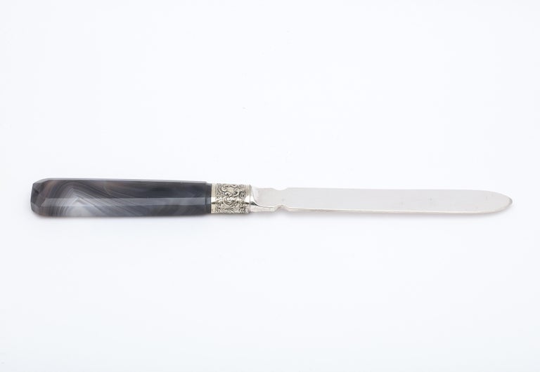 English Victorian Sterling Silver-Mounted Dark Gray Agate Letter Opener-Mappin and Webb For Sale