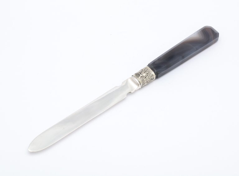 Victorian Sterling Silver-Mounted Dark Gray Agate Letter Opener-Mappin and Webb In Good Condition For Sale In New York, NY