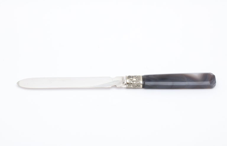 Early 20th Century Victorian Sterling Silver-Mounted Dark Gray Agate Letter Opener-Mappin and Webb For Sale