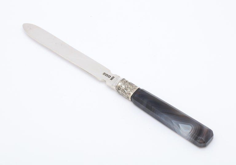 Victorian Sterling Silver-Mounted Dark Gray Agate Letter Opener-Mappin and Webb For Sale 2