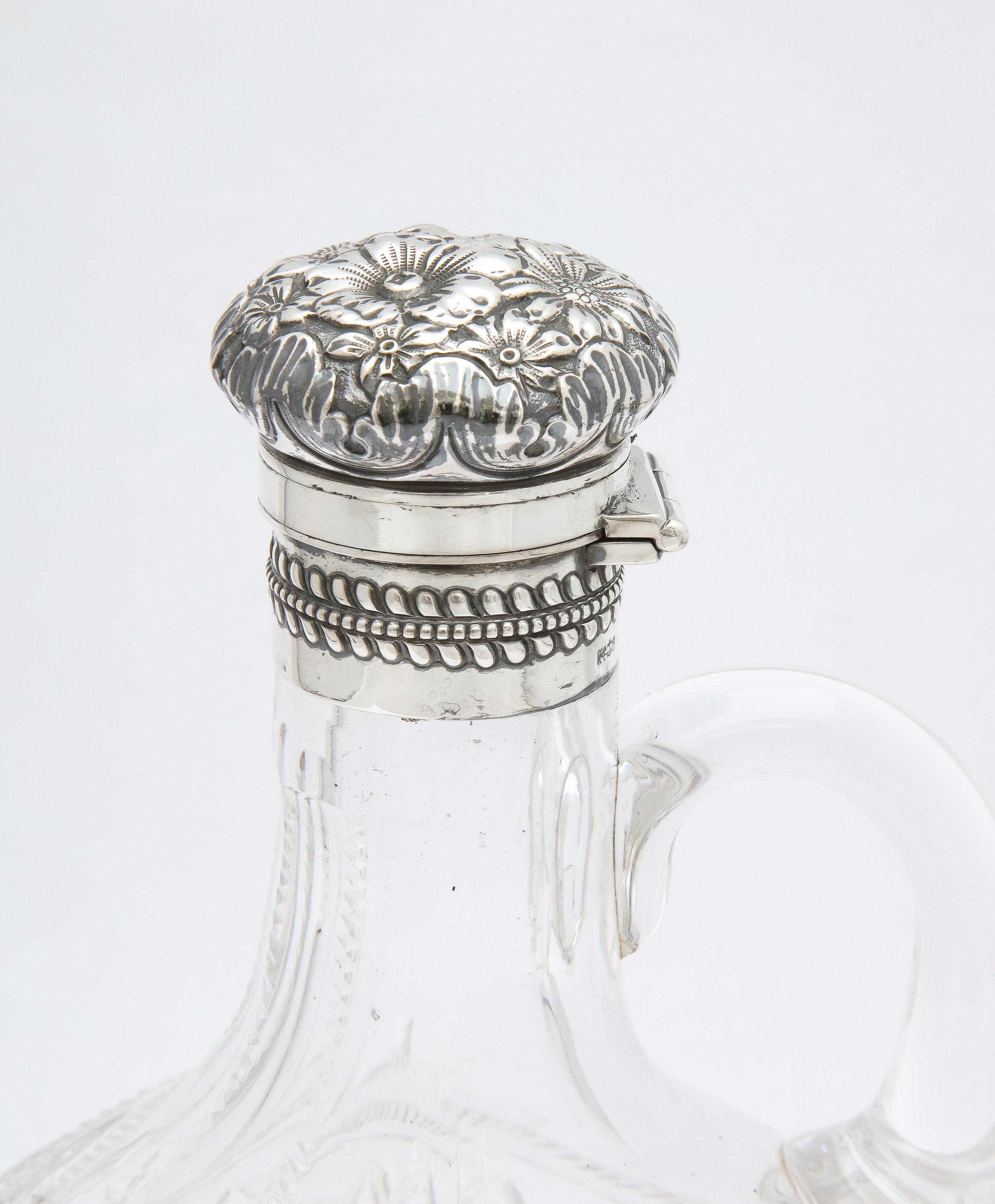 Late 19th Century Victorian Sterling Silver-Mounted Decanter and 4 Matching Glasses, Gorham For Sale