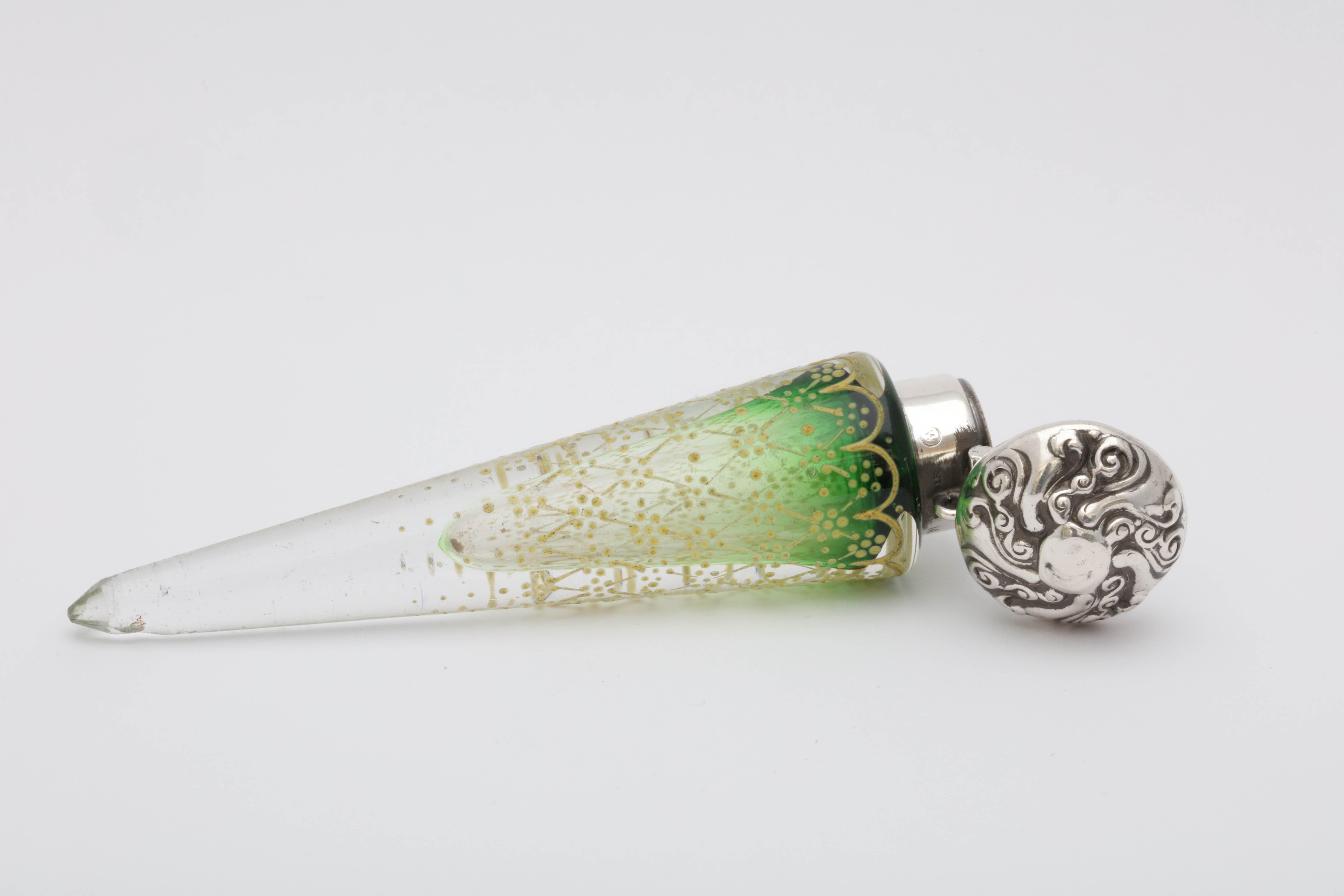 Late 19th Century Victorian Sterling Silver Mounted Enameled Green Crystal Lay-Down Perfume Bottle For Sale
