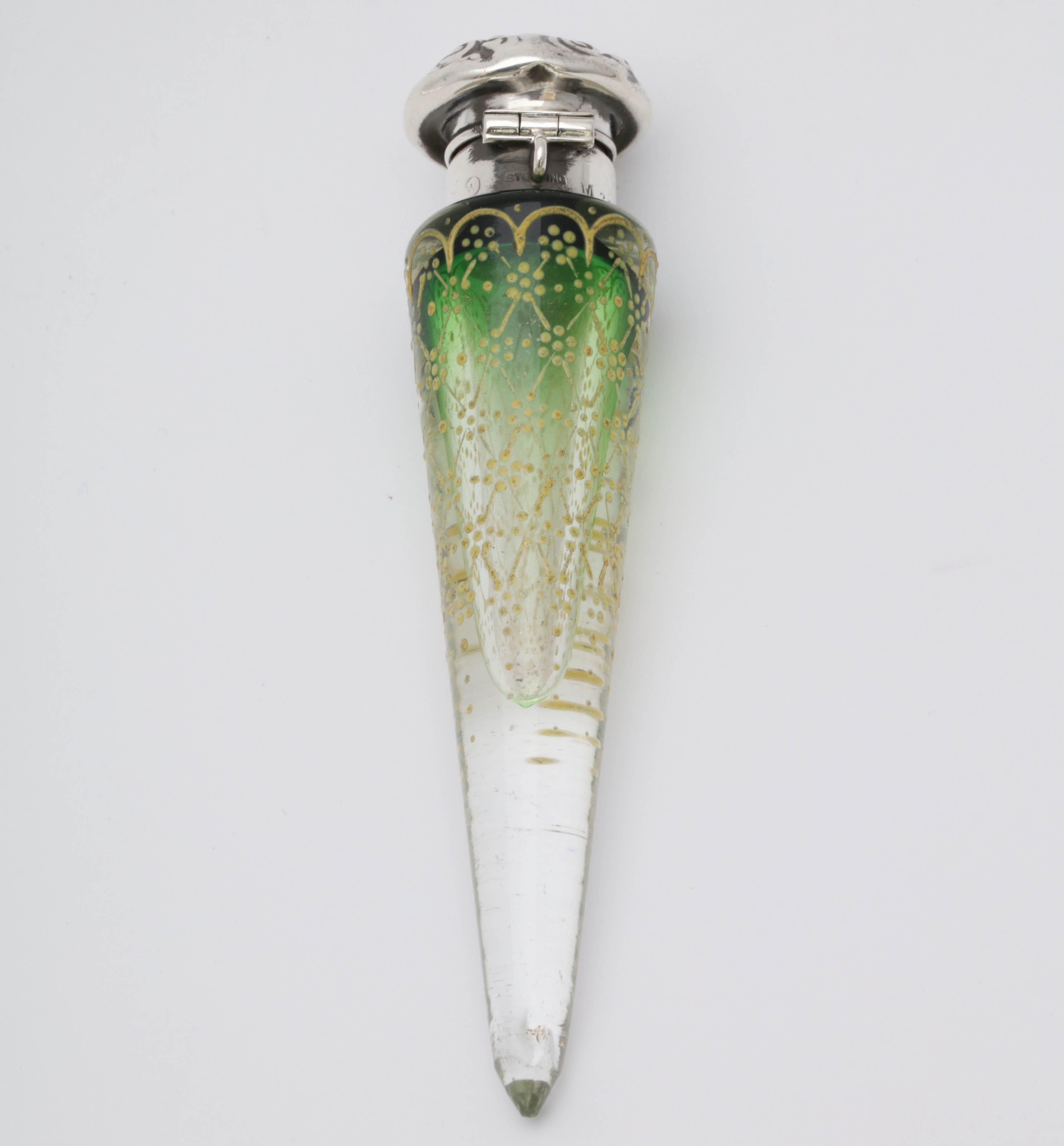 Victorian Sterling Silver Mounted Enameled Green Crystal Lay-Down Perfume Bottle For Sale 2