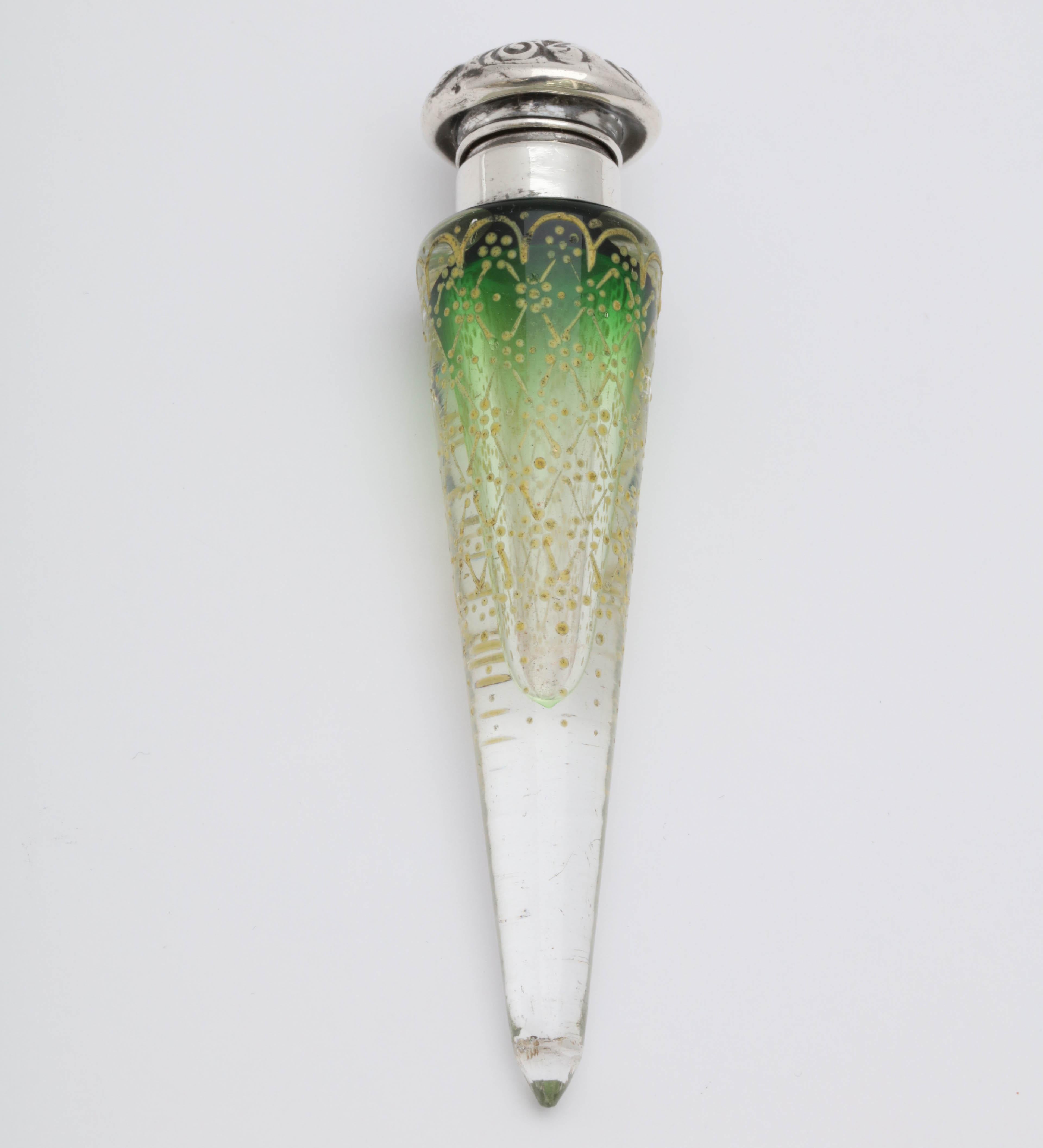 Victorian Sterling Silver Mounted Enameled Green Crystal Lay-Down Perfume Bottle For Sale 3